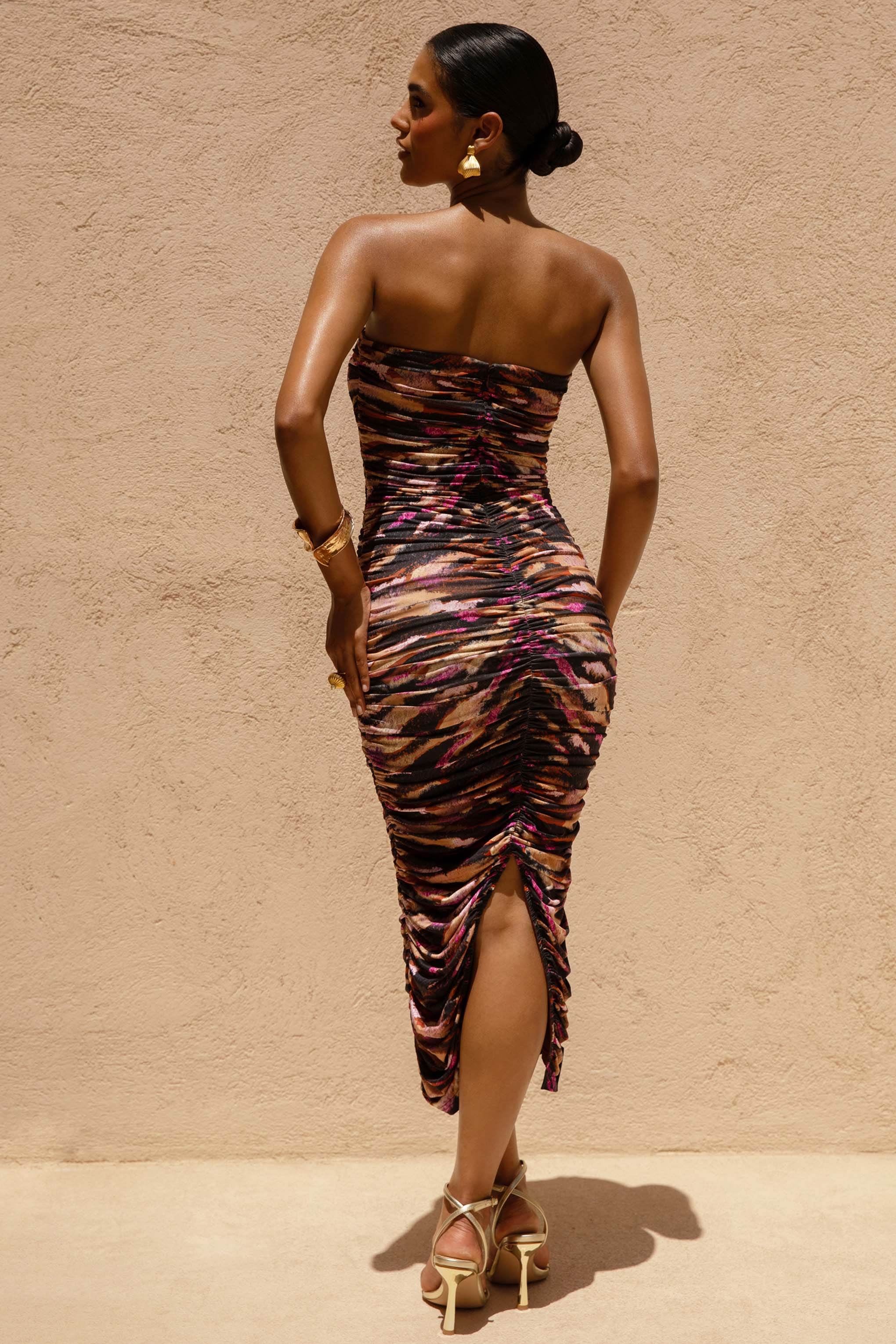 Spontaneite | Zebra Desenli Bandeau Ruched Midi Elbise