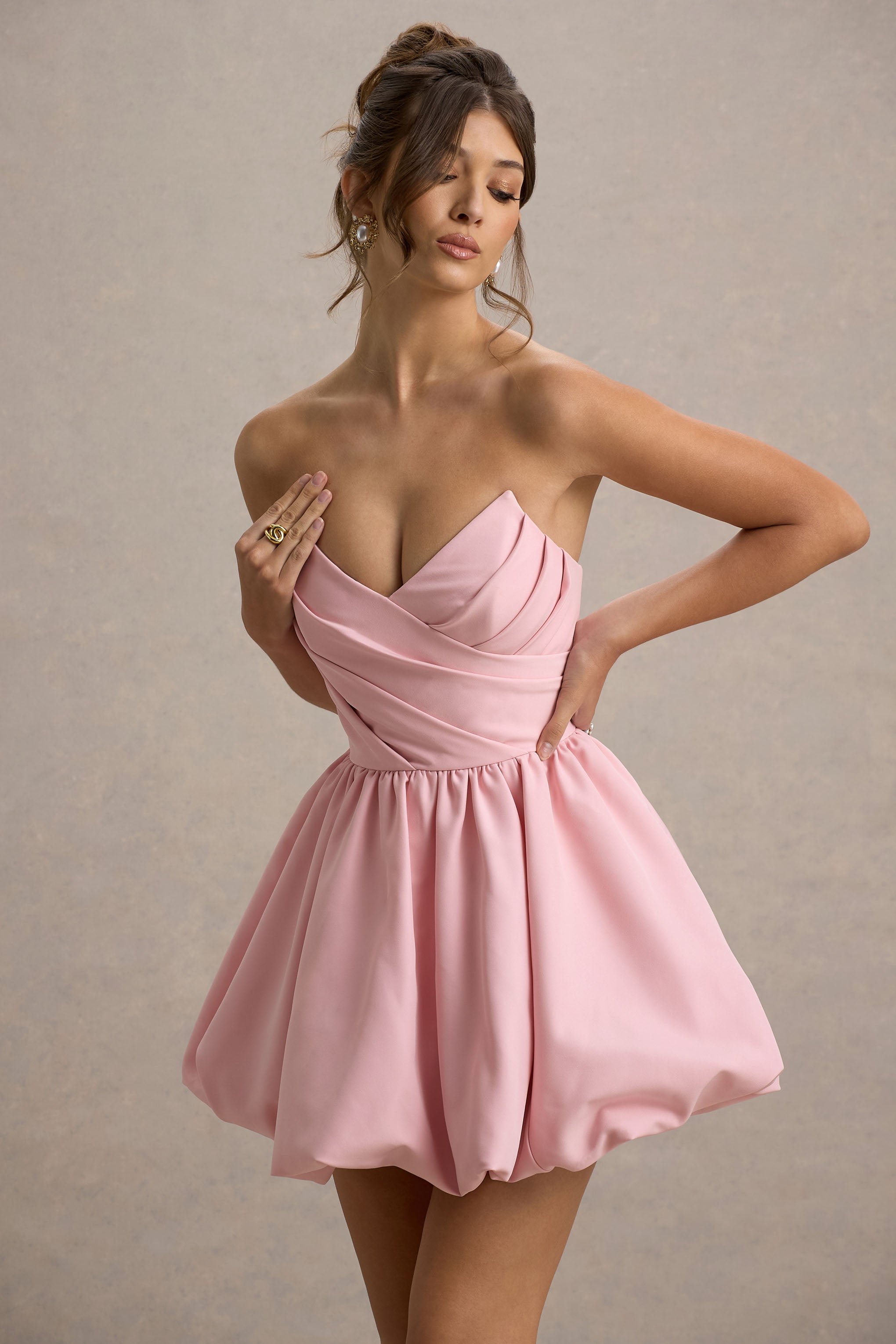 Georgie | Pembe Kalp Yaka Puffball Mini Elbise