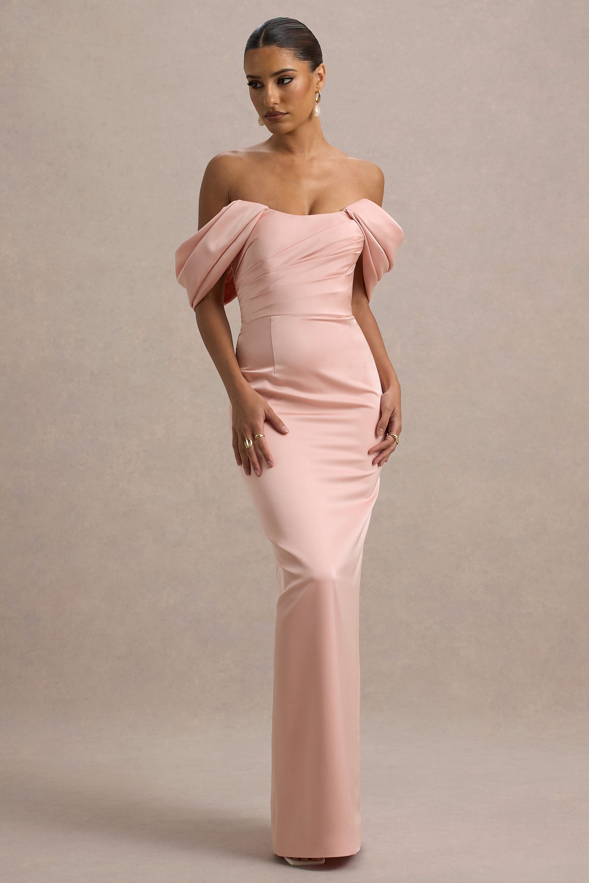 Annita | Açık Pembe Saten Bardot Maxi Elbise