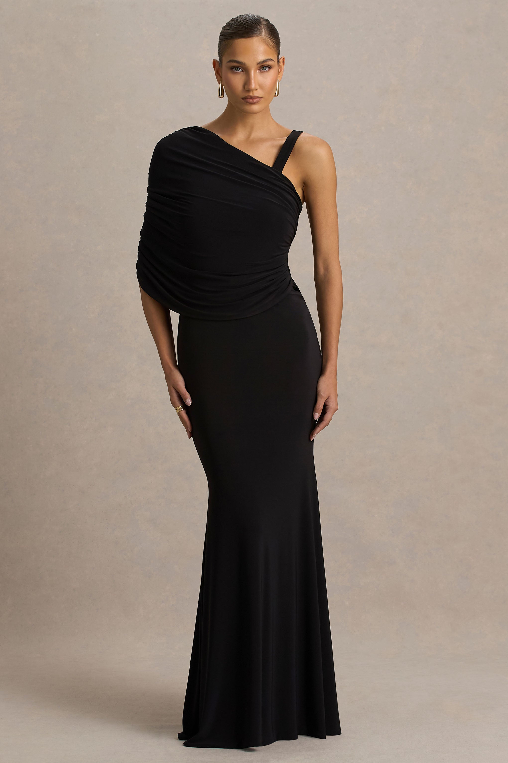 Sylvie | Siyah Asimetrik Yaka Maxi Elbise