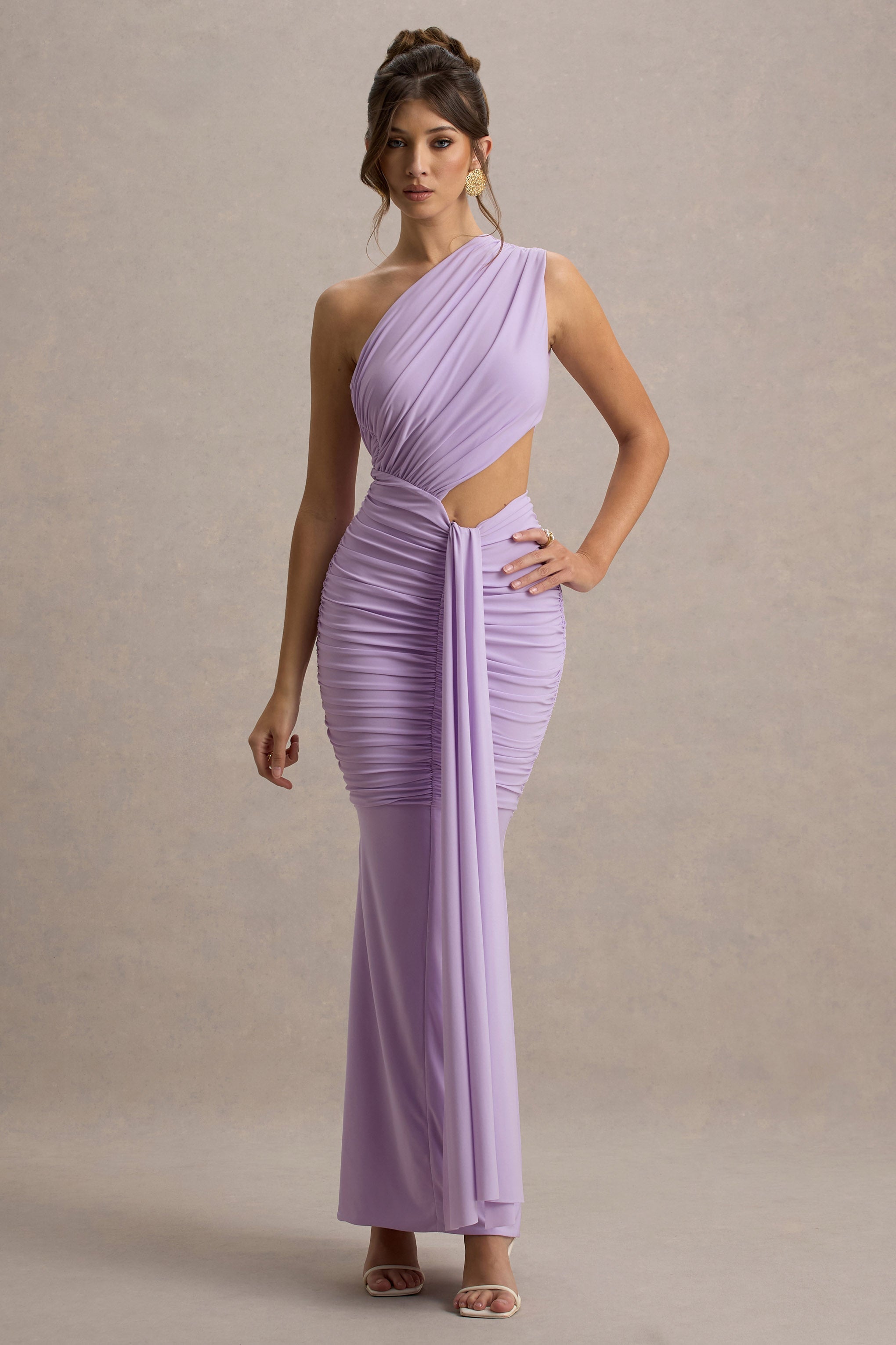Beline | Drapeli Lavanta Renkli Tek Omuz Cut-Out Maxi Elbise