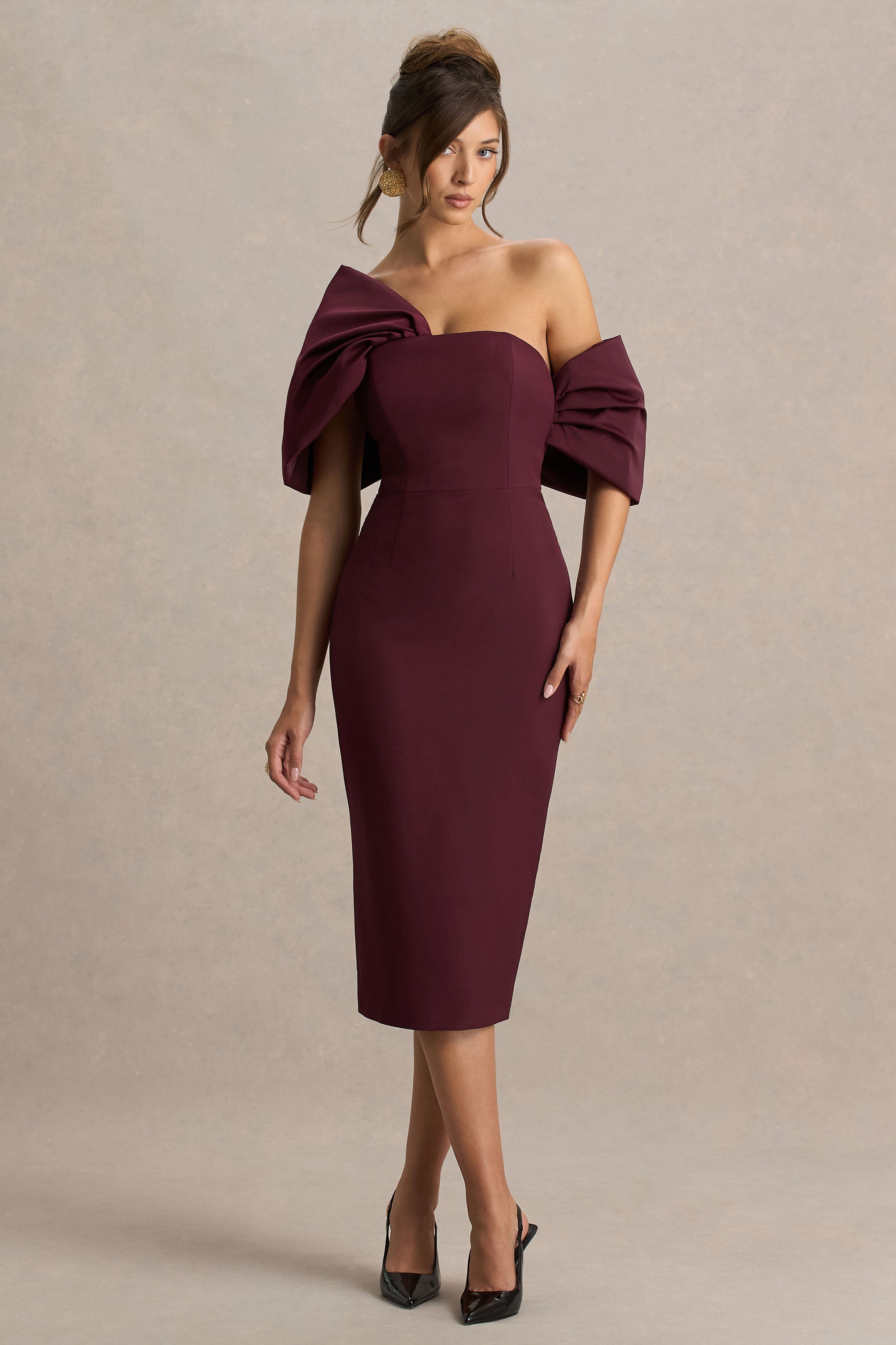 Lucille | Bordo Asimetrik Bardot Midi Elbise