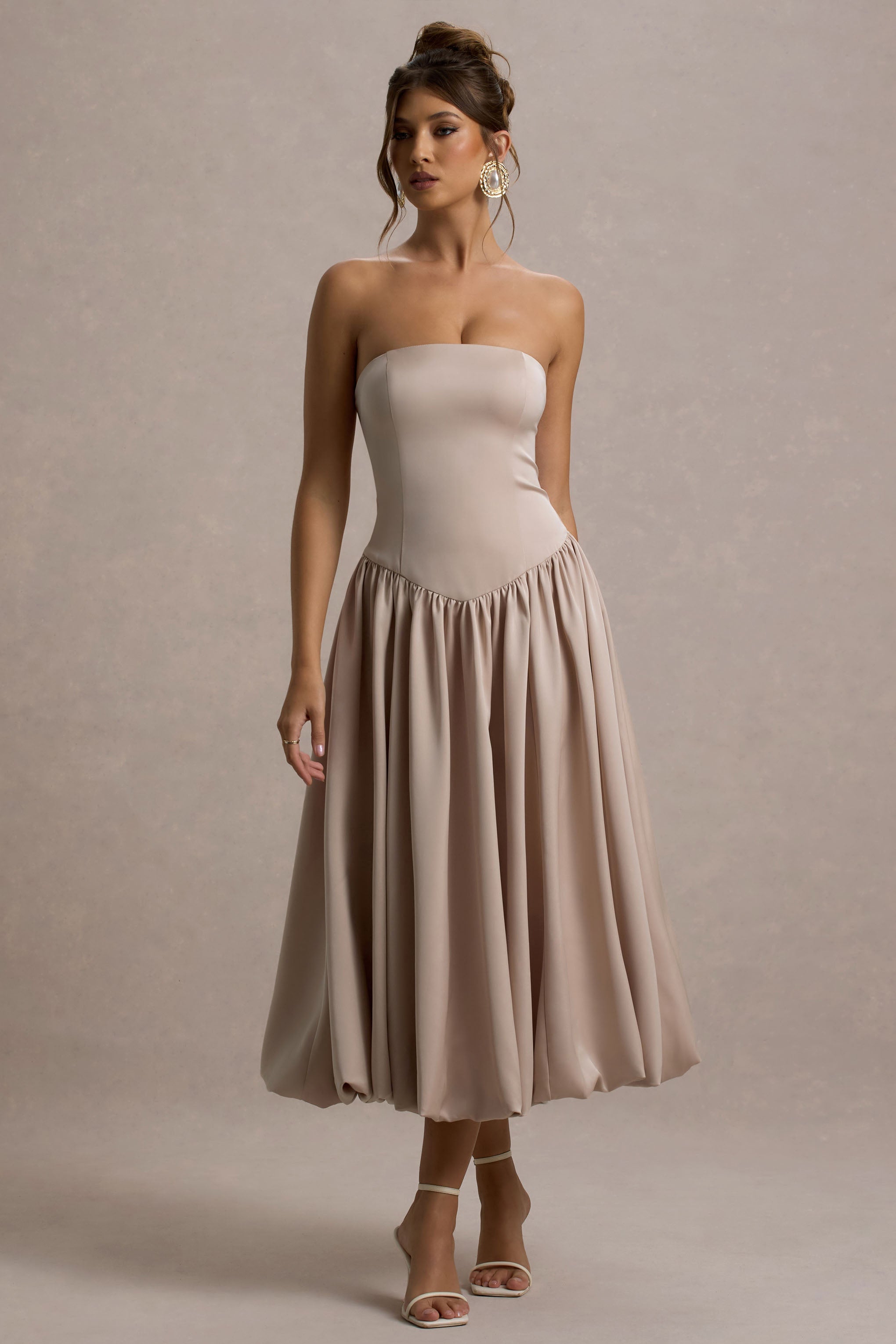Keyton | Şampanya Saten Bandeau Midi Elbise