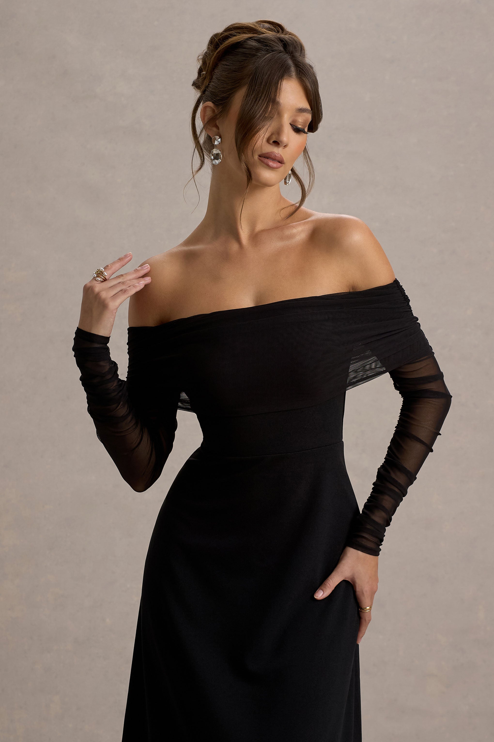 Missy | Siyah Bardot Uzun Kollu Midi Elbise