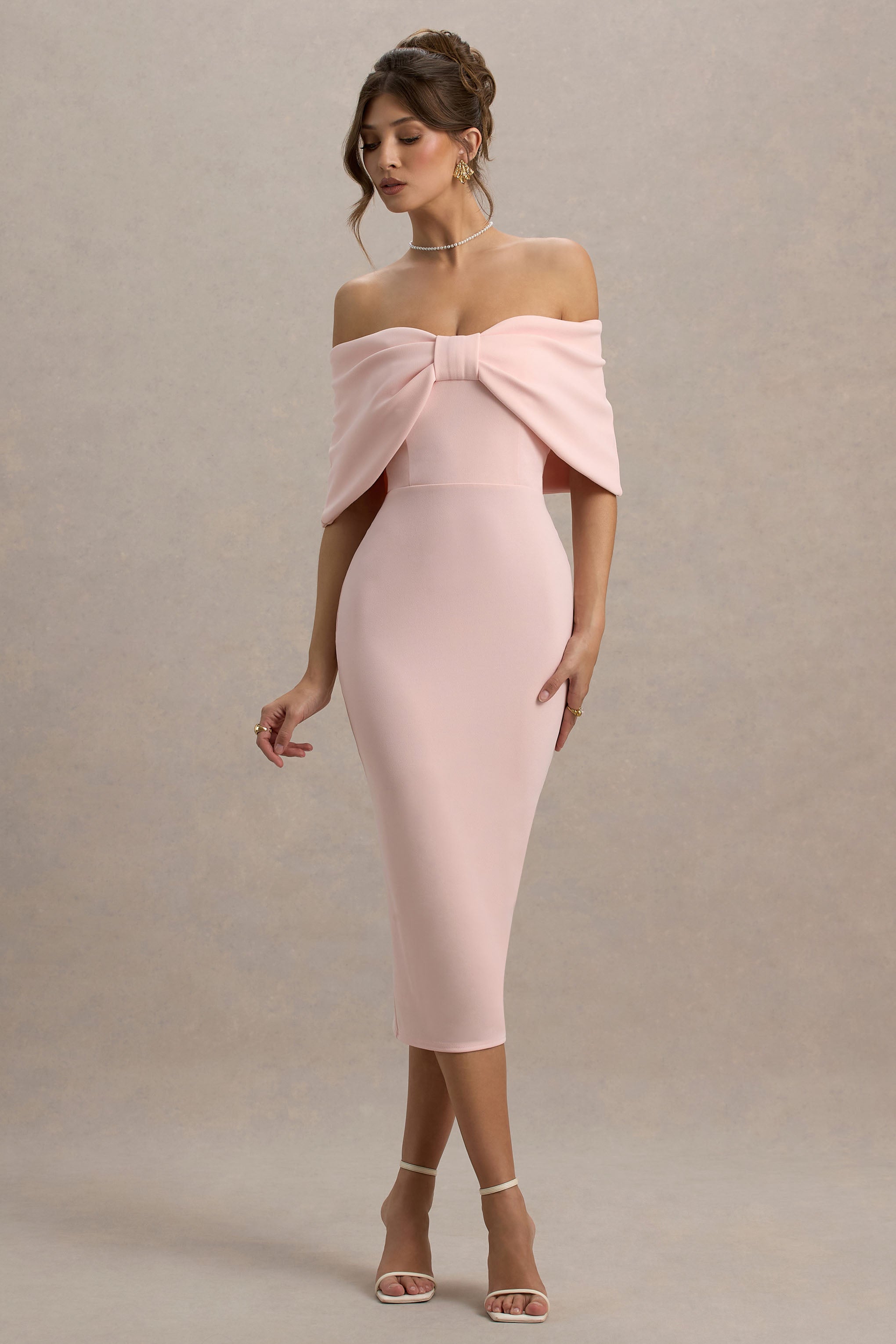 Bayshore | Pembe Kemerli Bardot Midi Elbise