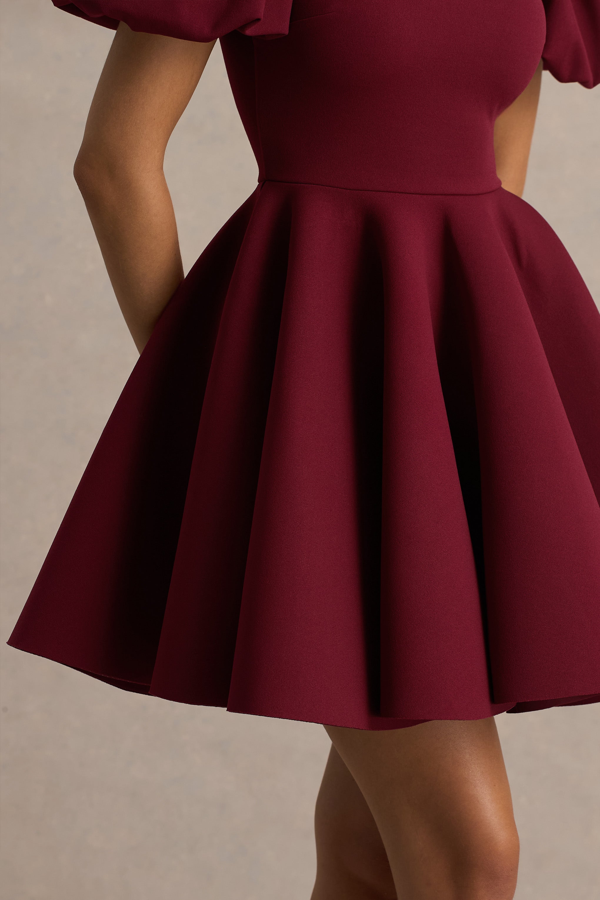 Emelia | Bordo Puff-Sleeve Skater Mini Elbise