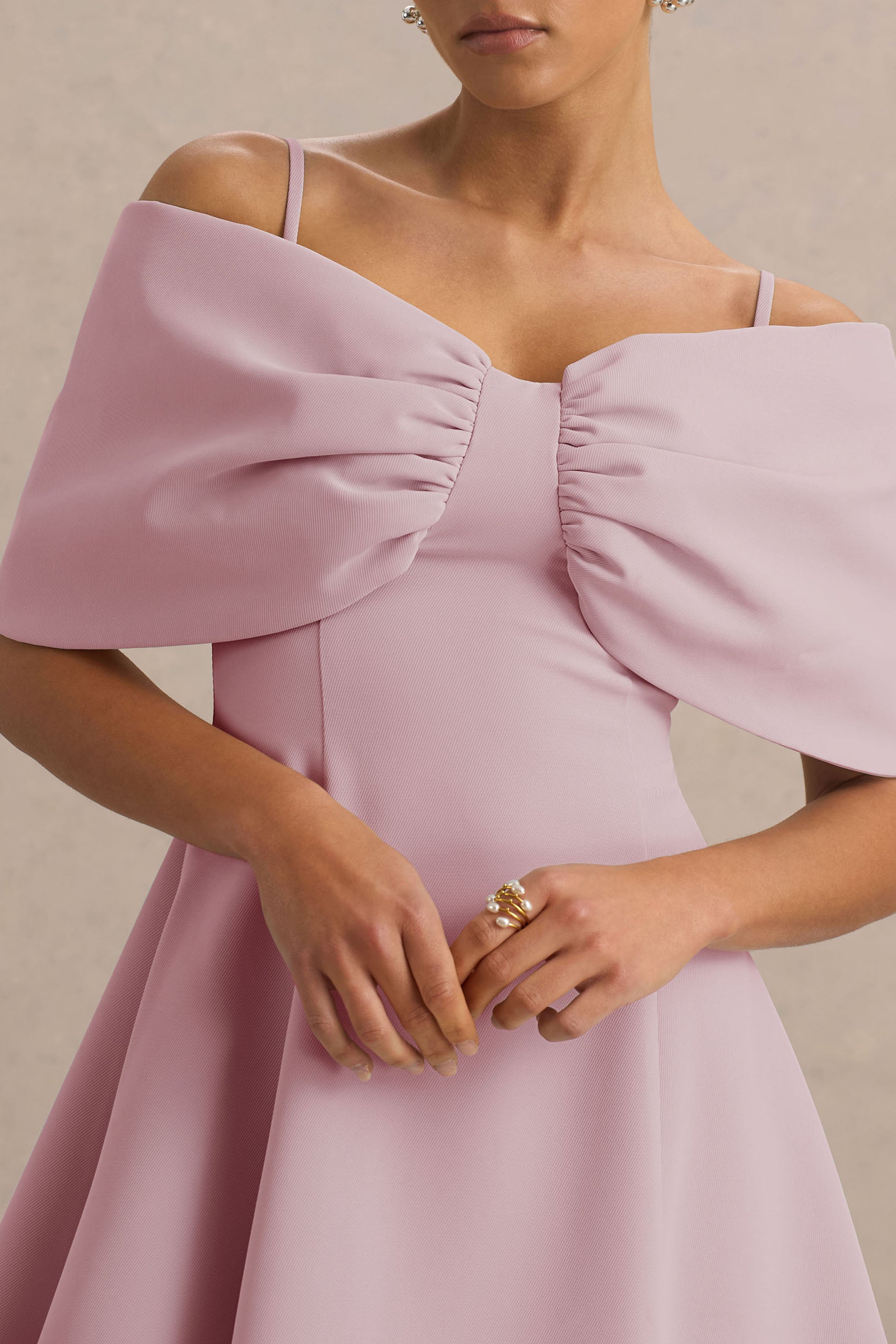 Faria | Fiyonklu Detaylı Açık Pembe Kısa Kollu Bardot Mini Elbise