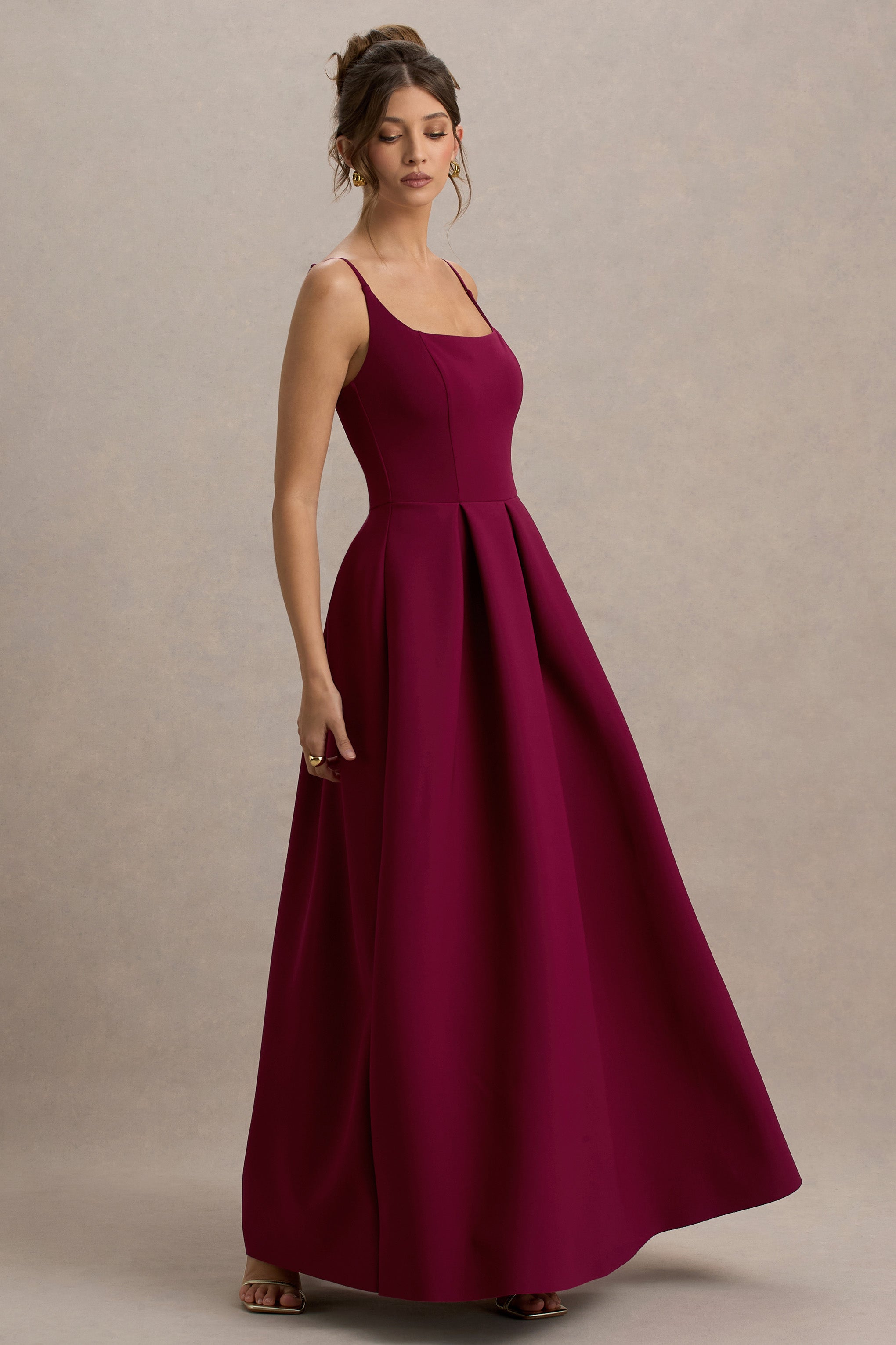 Bambina | Bordo Scoop-Yaka Plise Maxi Elbise