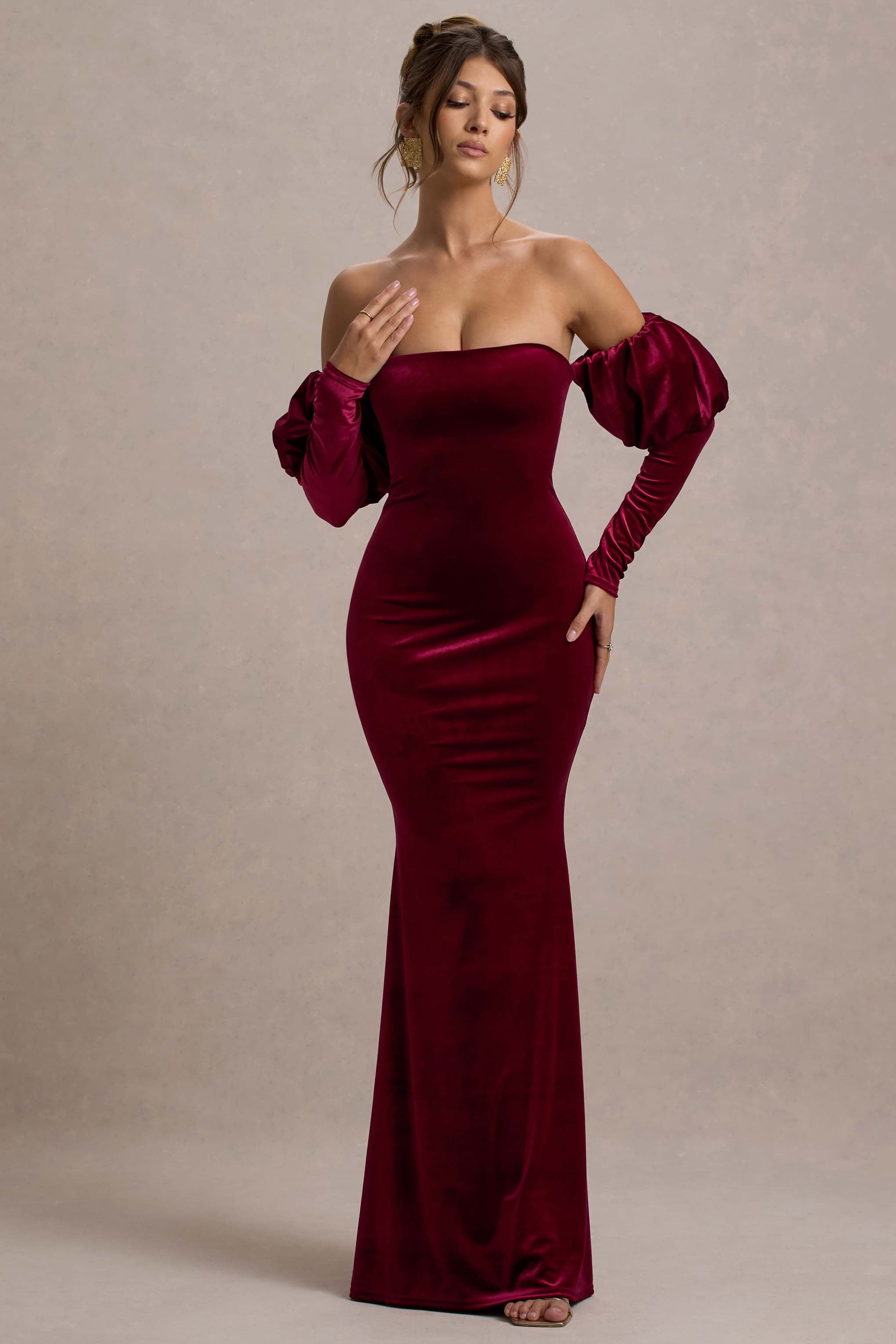 Neoma | Berry Kadife Bardot Puff-Sleeve Maxi Elbise