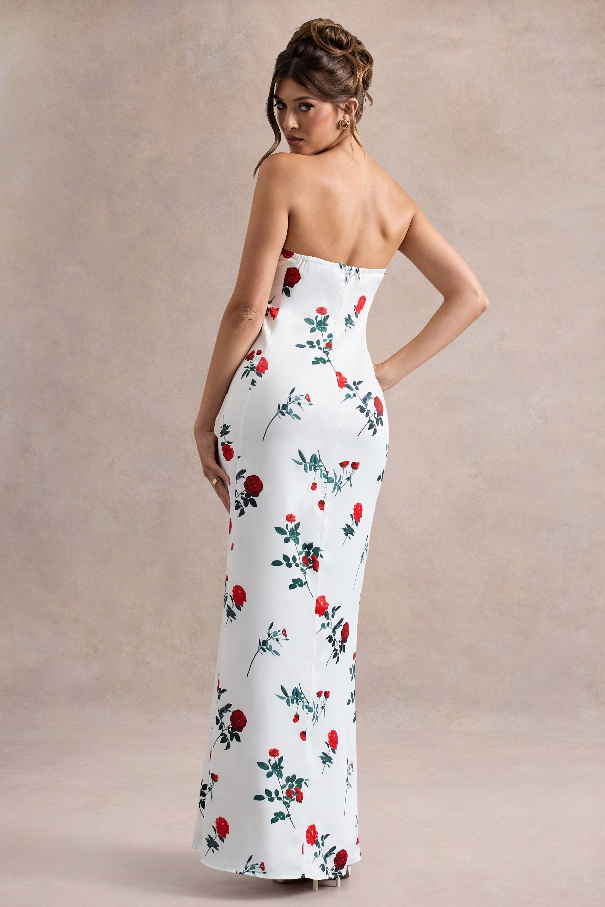 Azra | Gül Desenli Saten Bandeau Maxi Elbise