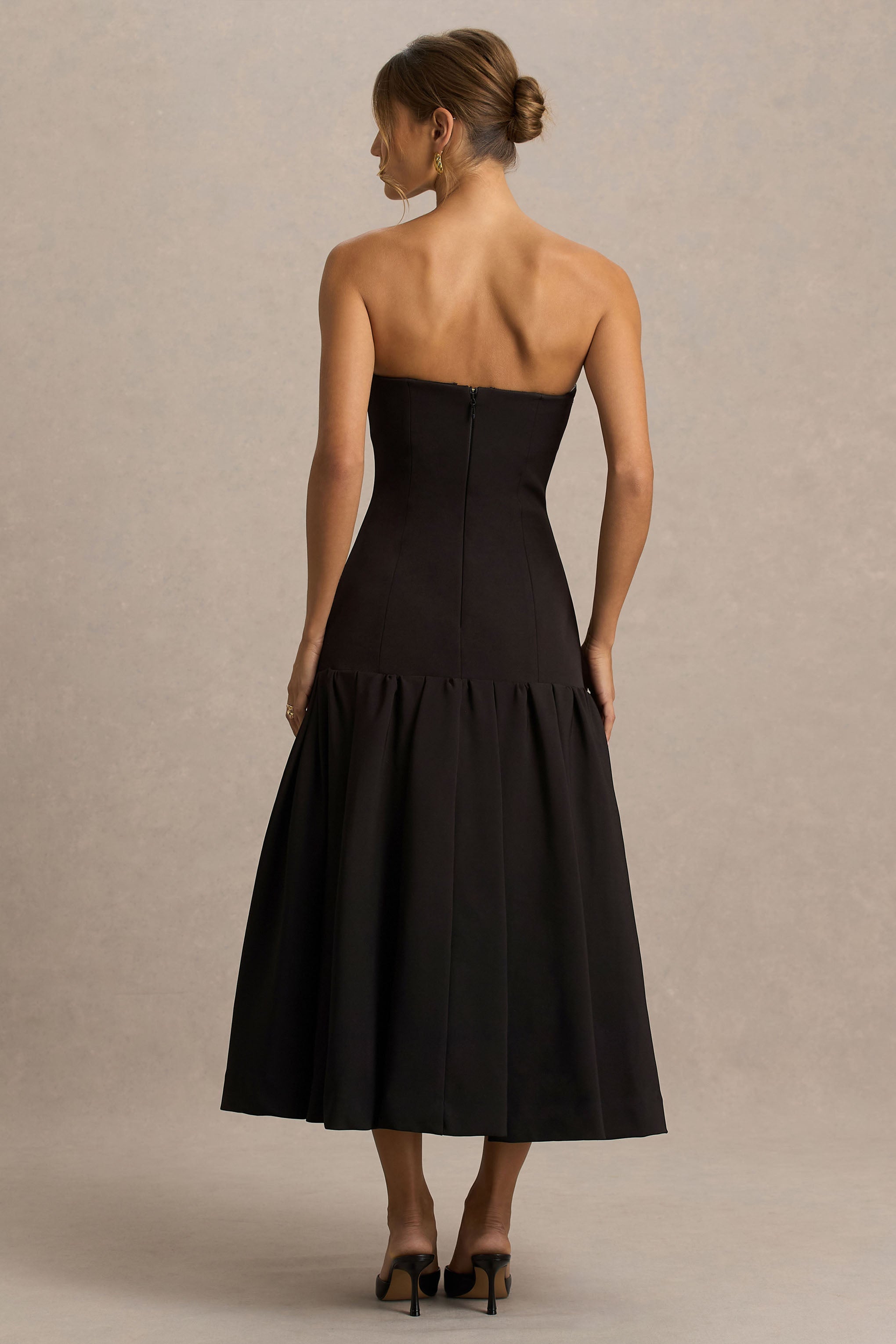 Briella | Altın Düğme Detaylı Siyah Bandeau Maxi Elbise