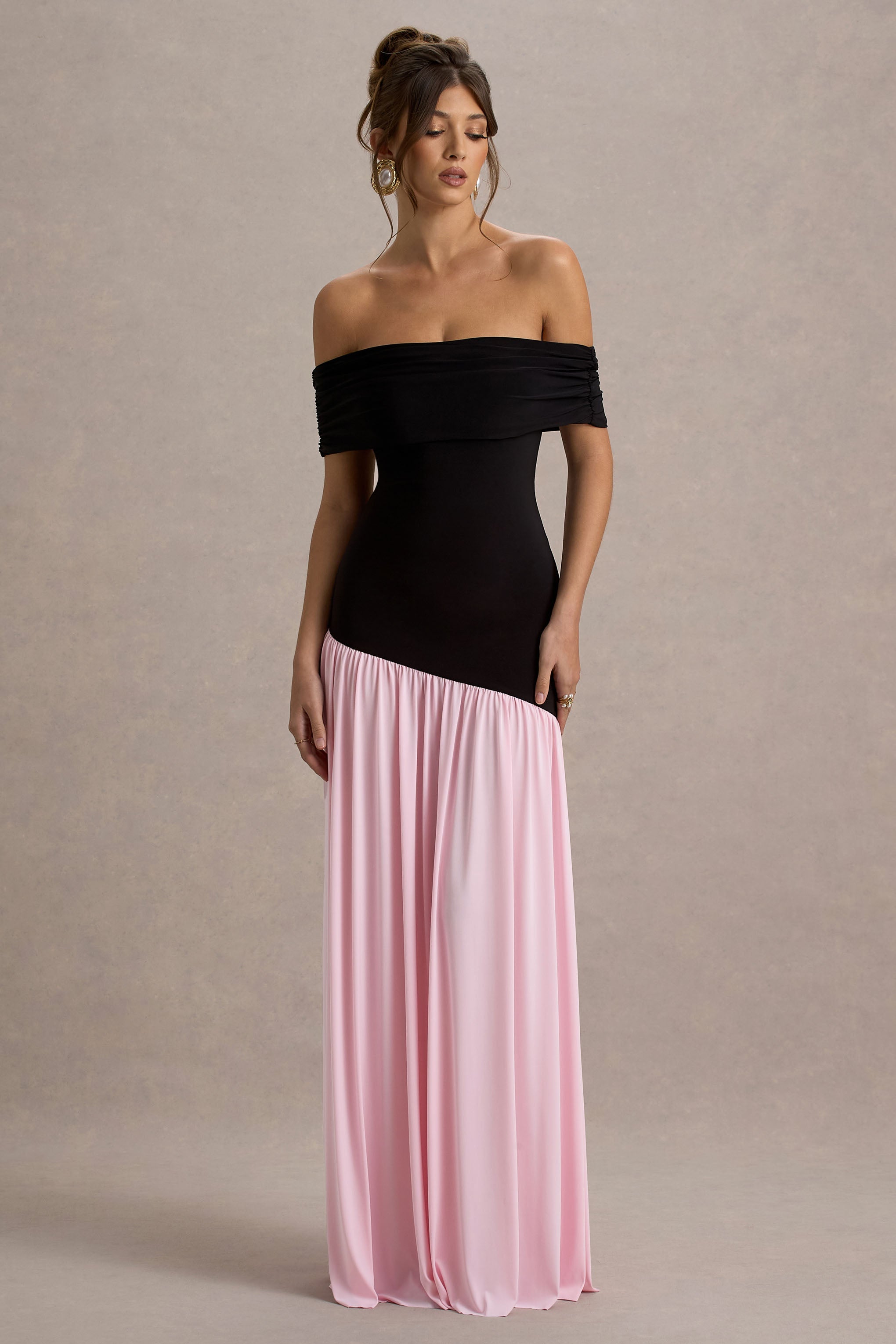 Venezia | Siyah & Pembe Bardot Puff-Etek Maxi Elbise