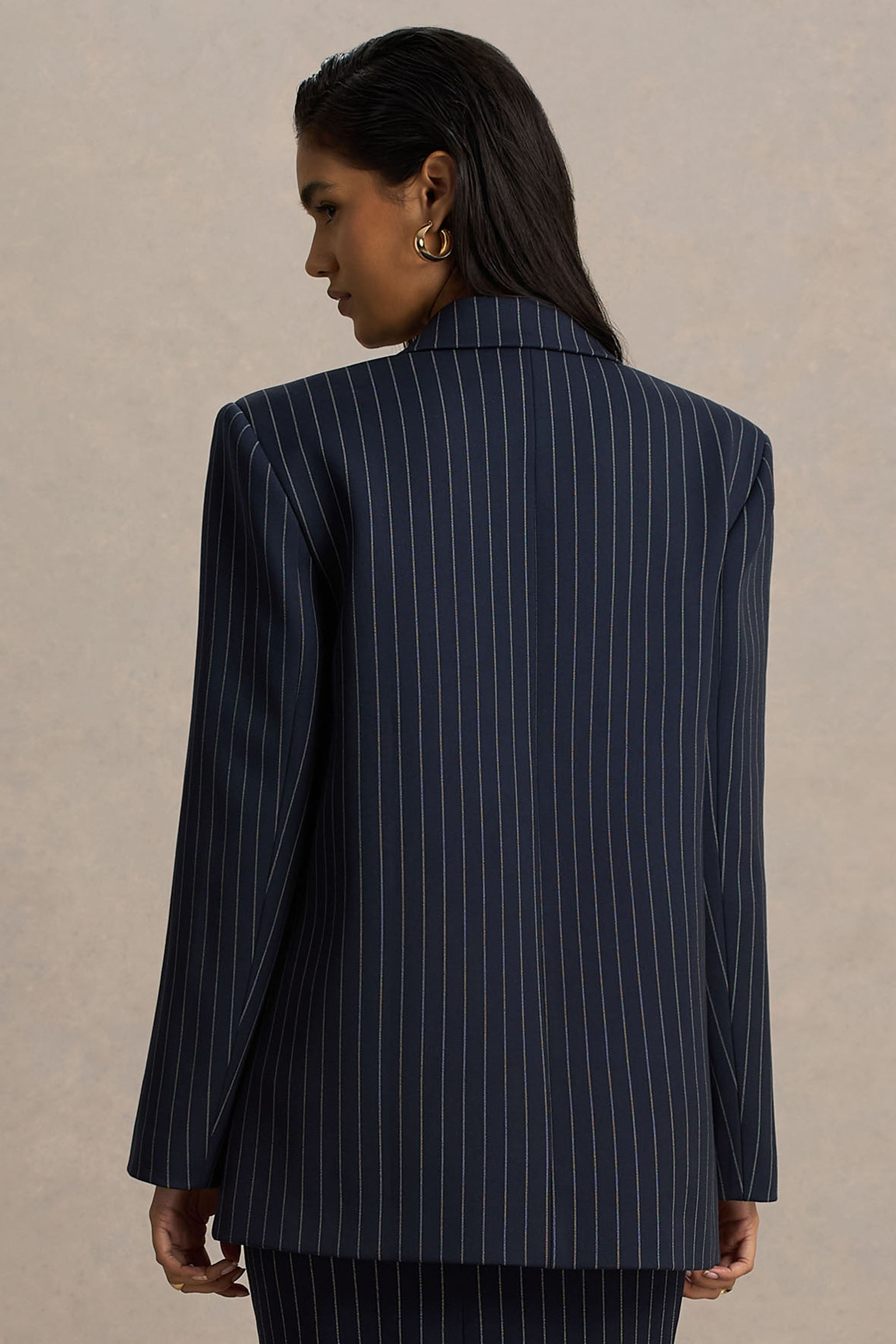 Alana | Lacivert Çizgili Derin Yaka Kesim Blazer