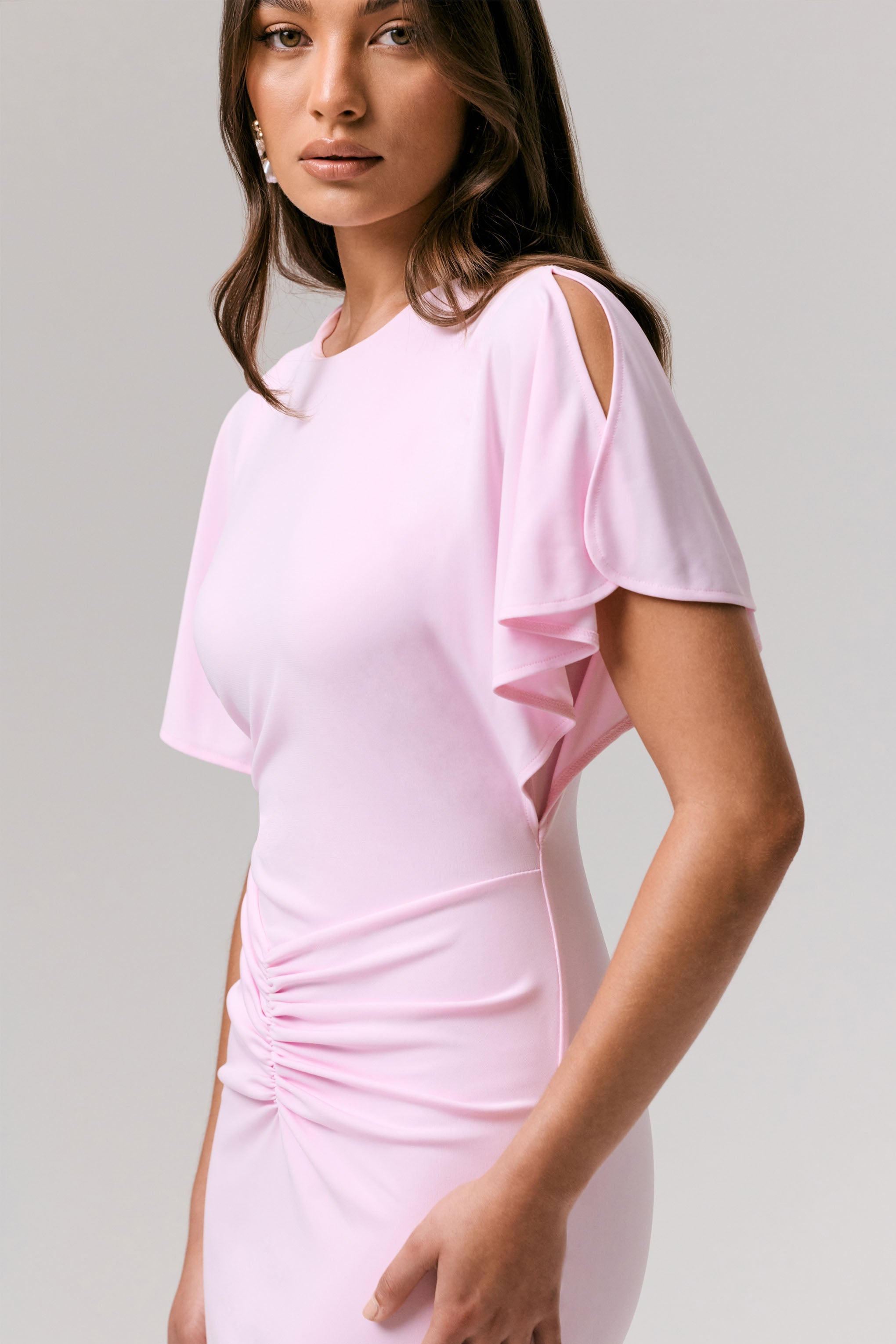 Büyüleyici | Soluk Pembe Yüksek Yaka Kırışık Maxi Elbise