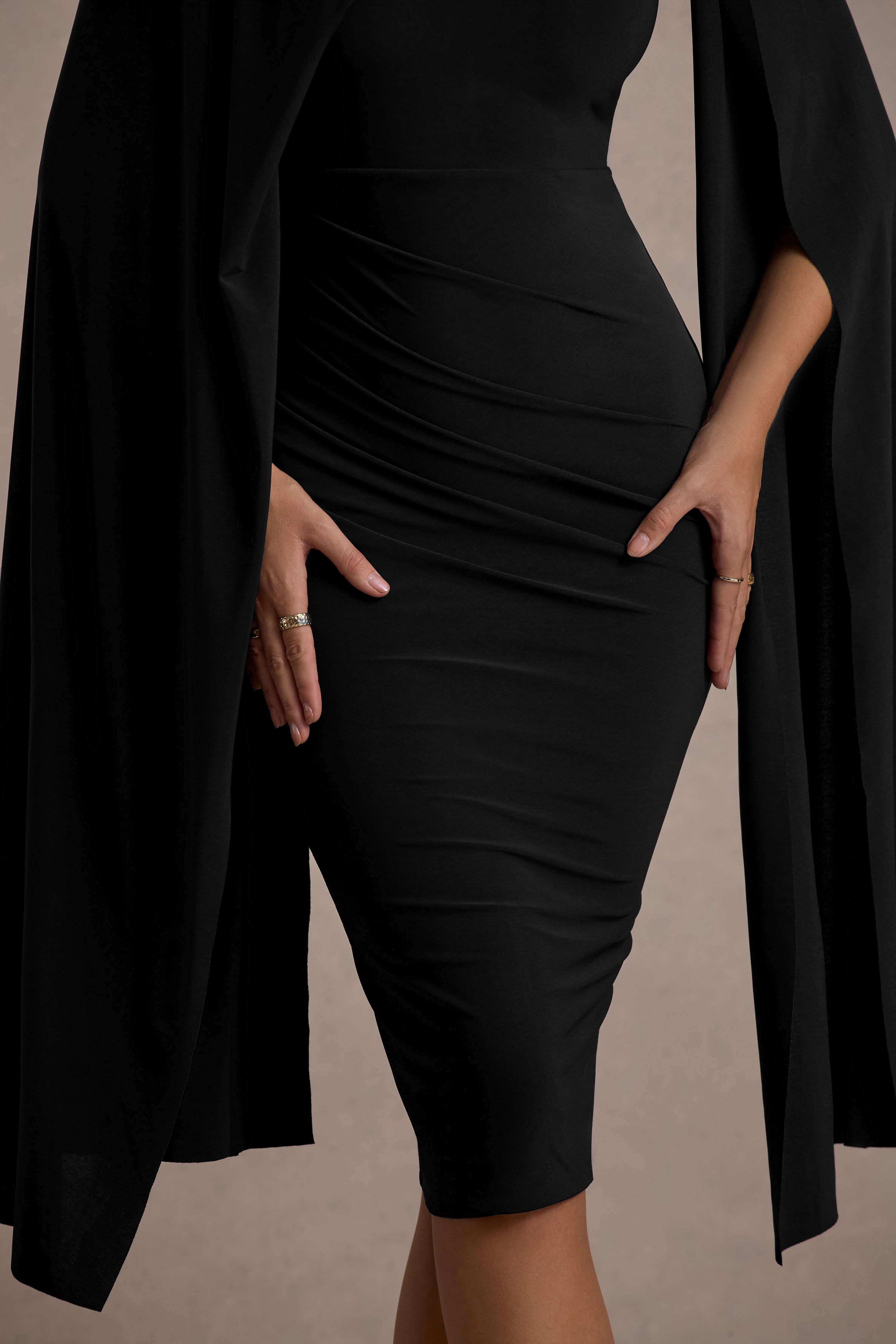 Marysol | Siyah Asimetrik Kloş Midi Elbise