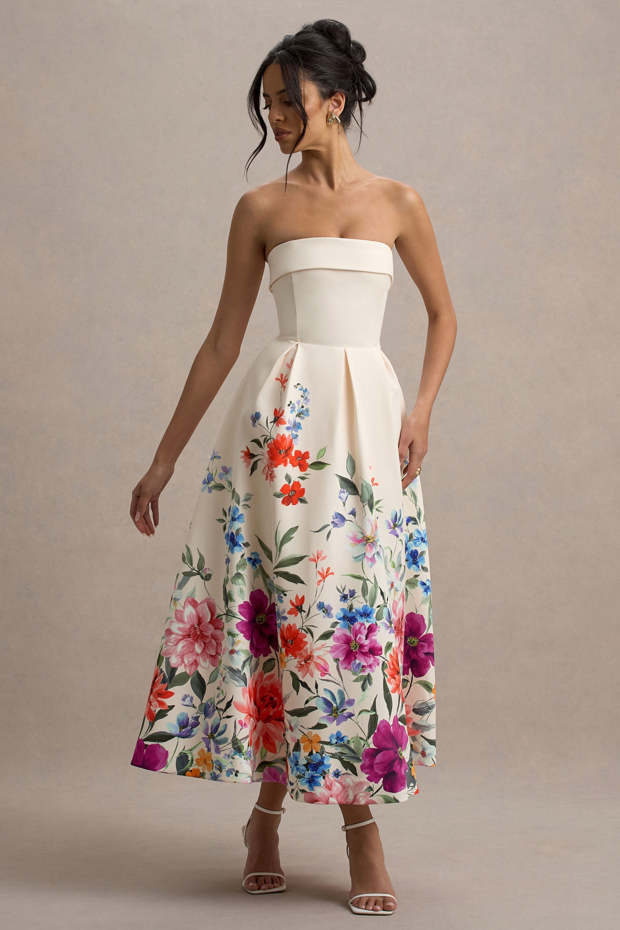 Annalise | Açık Pembe Çiçek Desenli Bandeau Midi Elbise