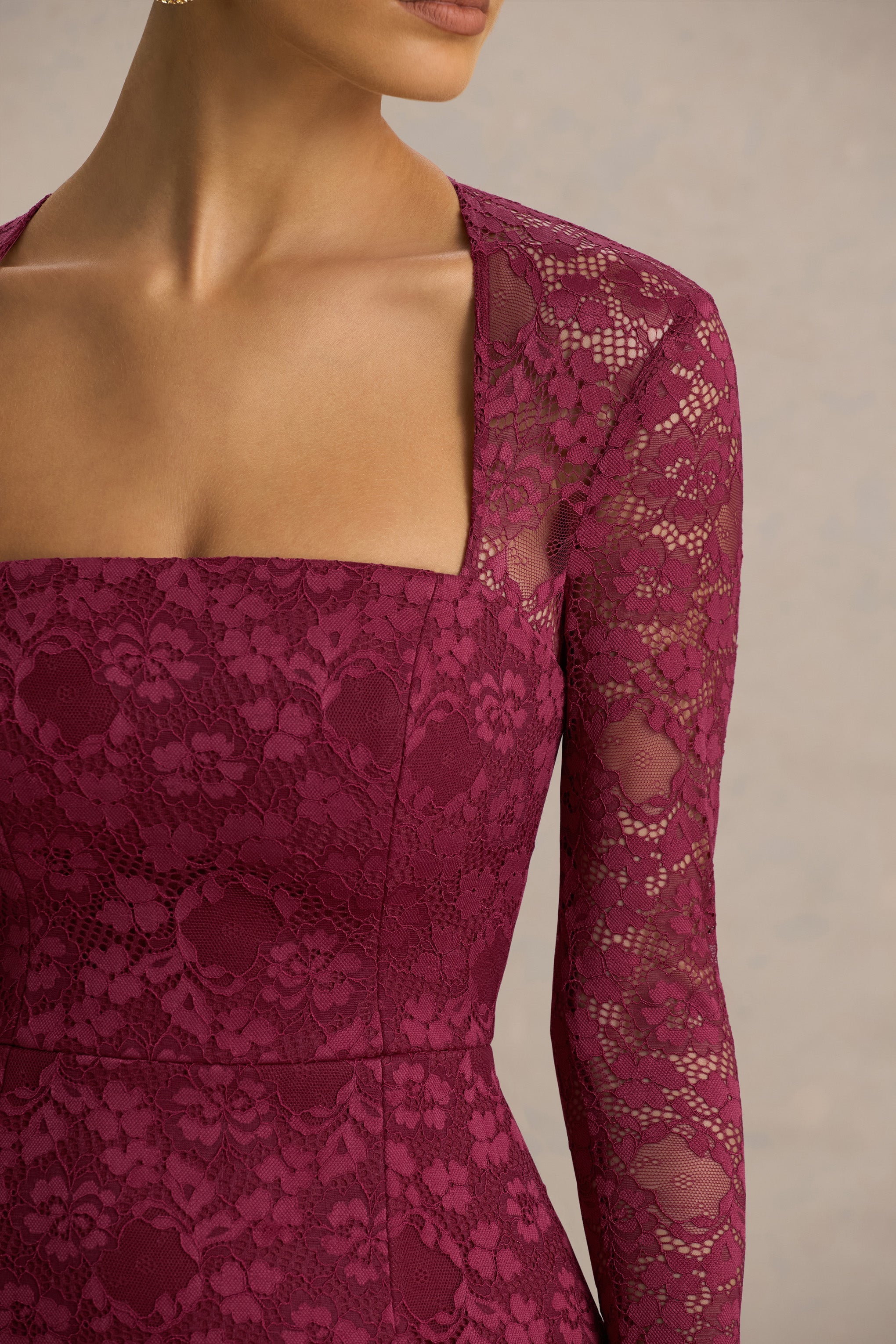 Bijou | Bordo Dantel Uzun Kollu Mini Elbise