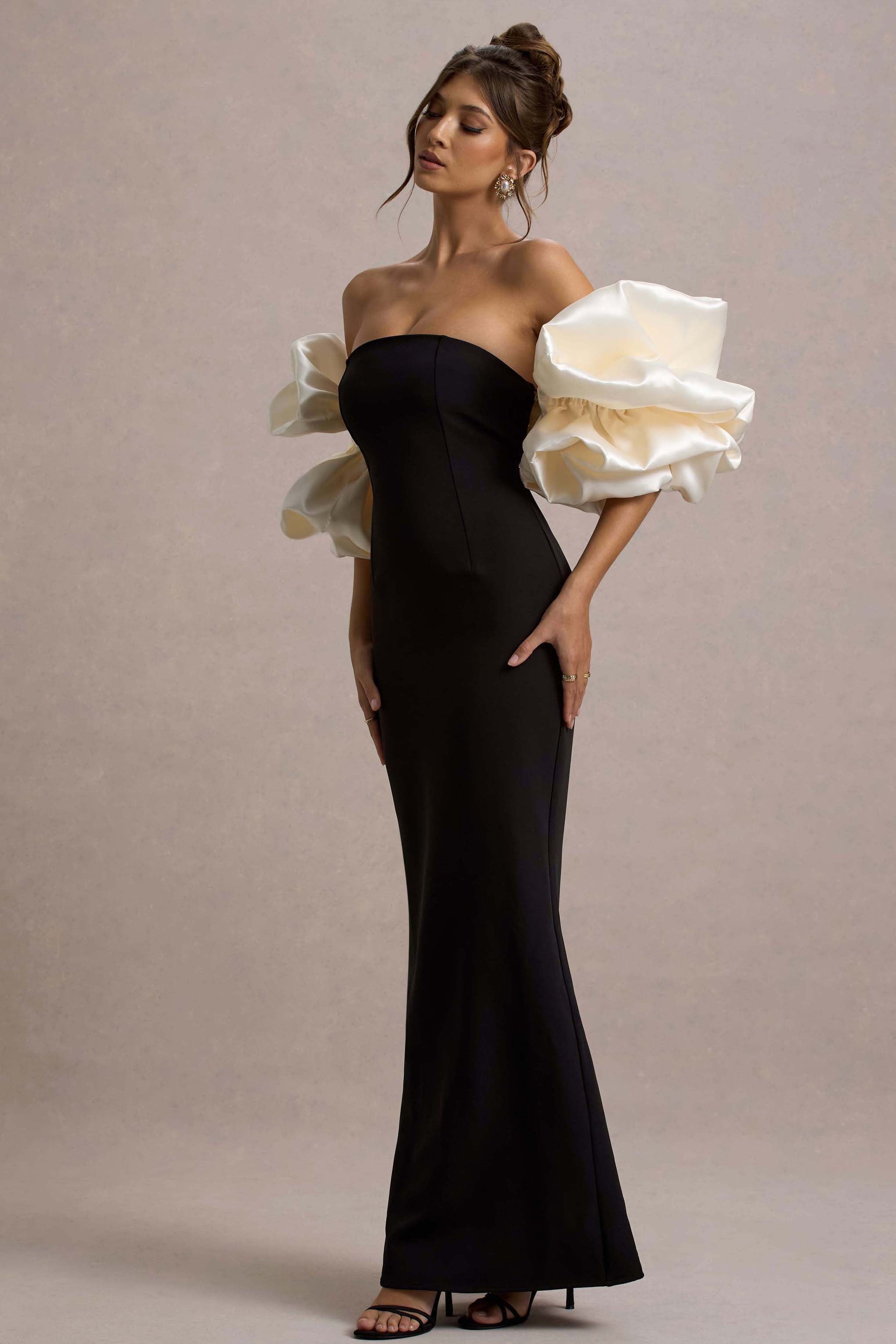 Evermore | Siyah & Krem Puf Kol Maxi Elbise