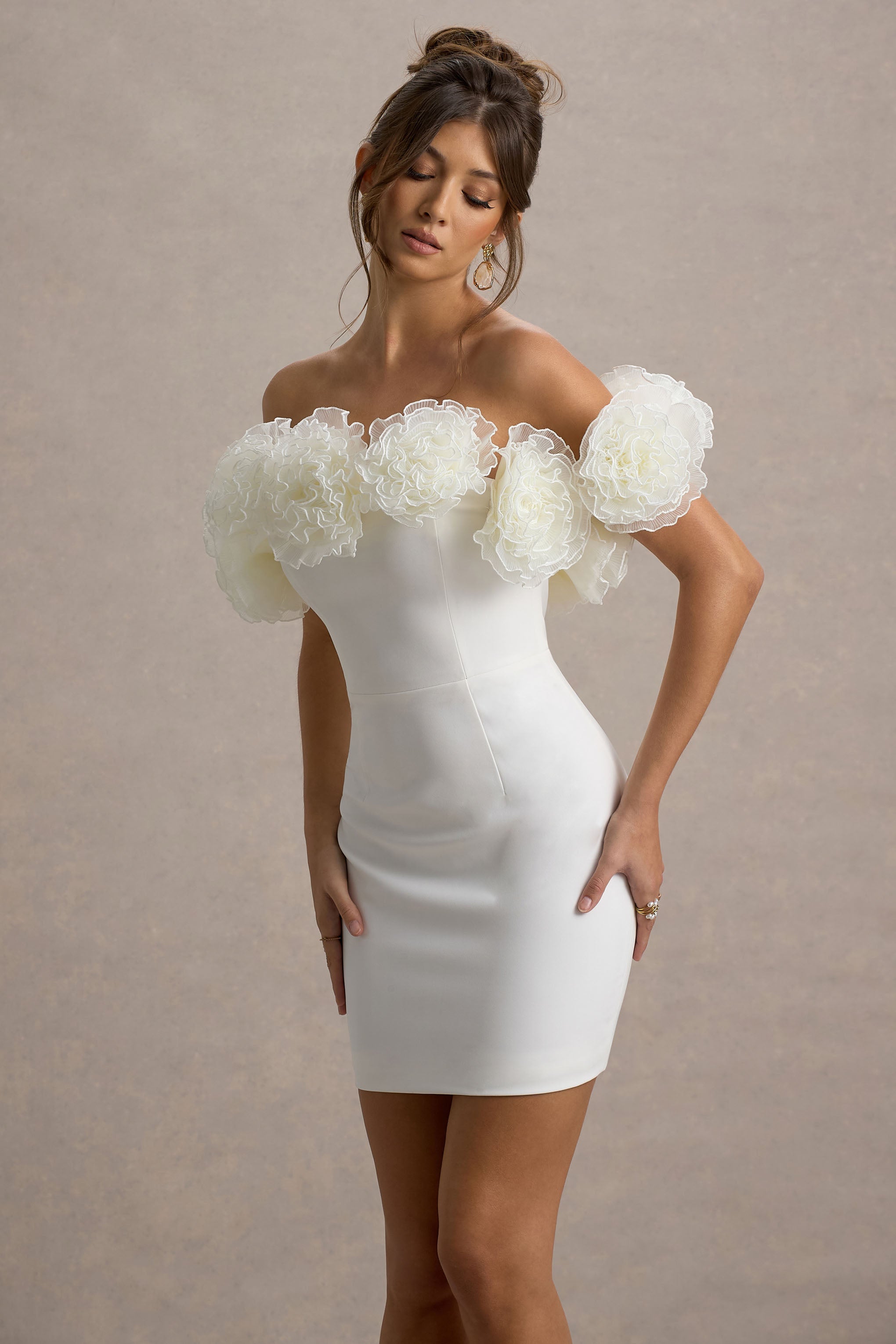 Von | Beyaz Bardot Mini Elbise Ruffle Detaylı