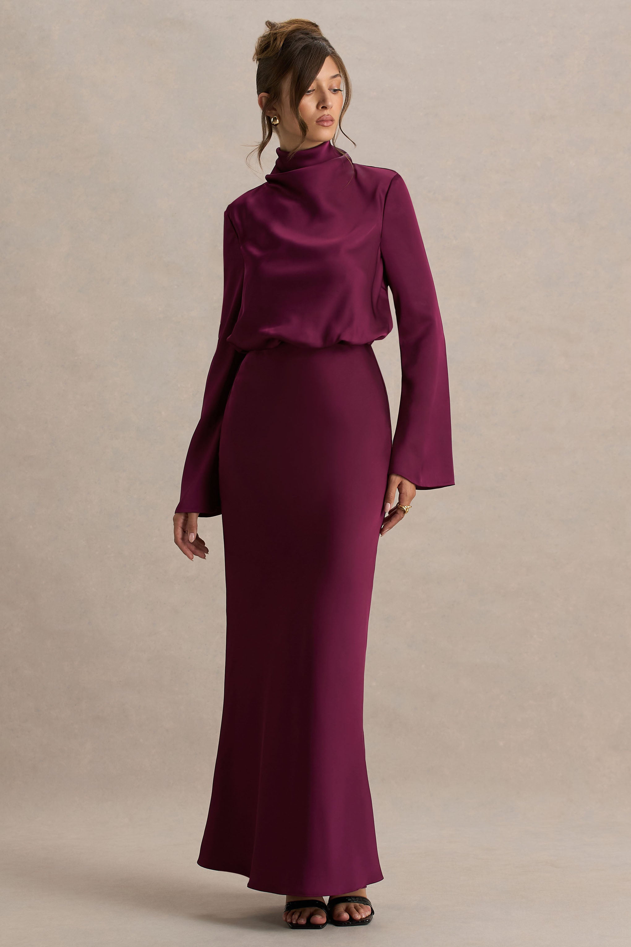 Celina | Bordo Saten Yüksek Yaka Maxi Elbise