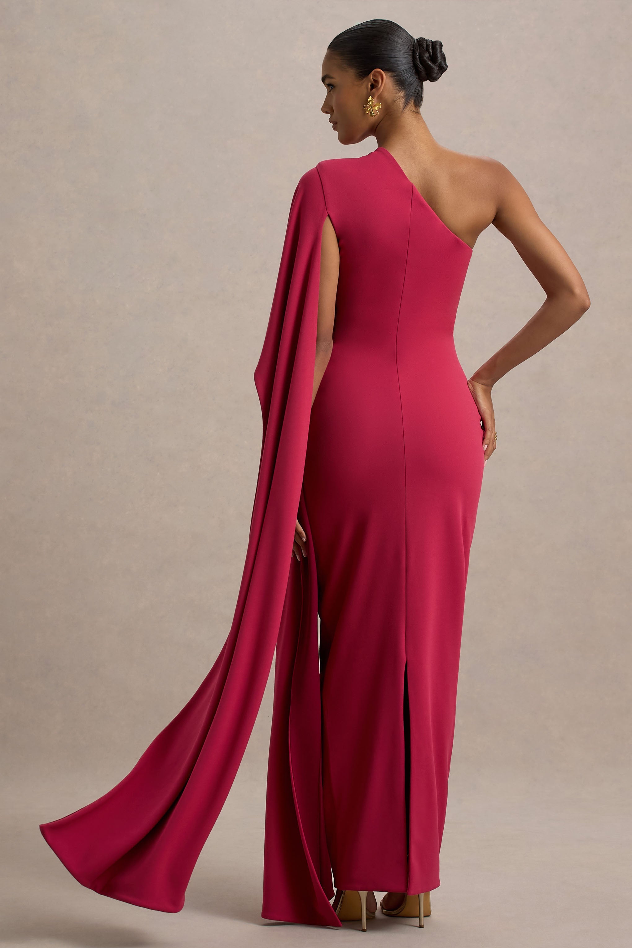 Lily | Hot Pembe ve Bordo Asimetrik Maxi Elbise, Pelerin Kollu