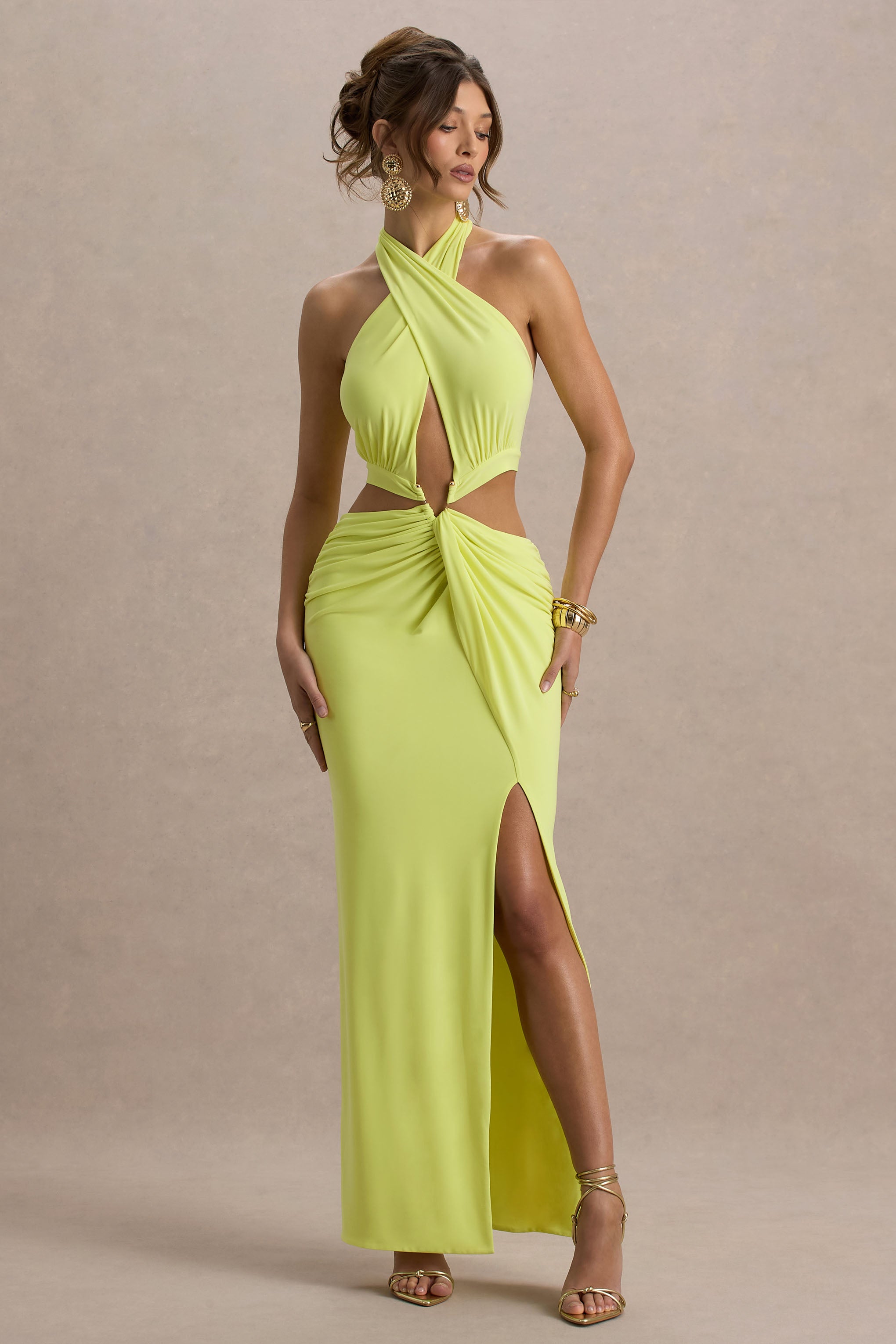 Aura | Lime Yeşil Halter Yaka Kesik Detaylı Maxi Elbise