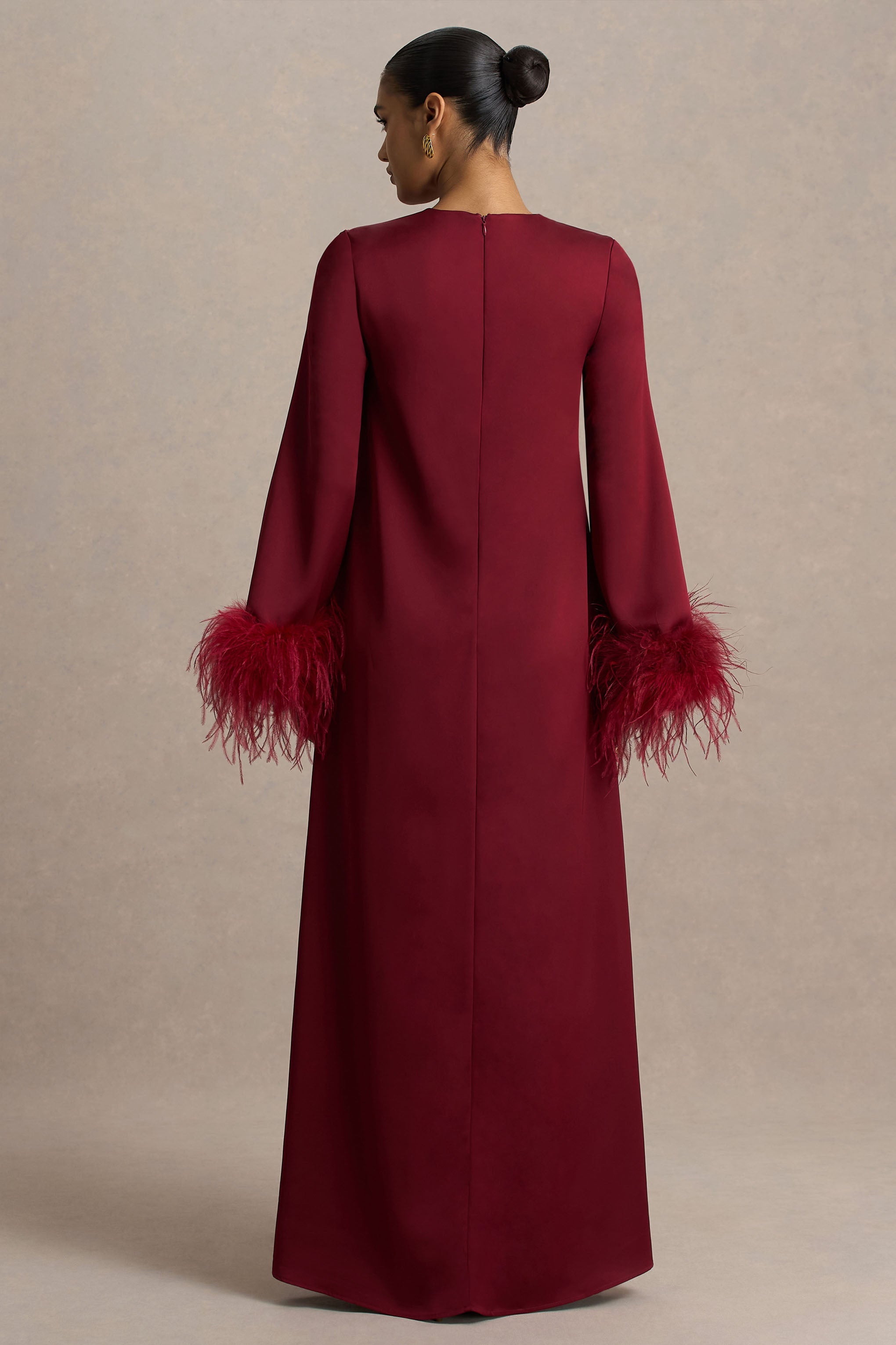 Adella | Bordo Saten Tüy Detaylı Maxi Elbise