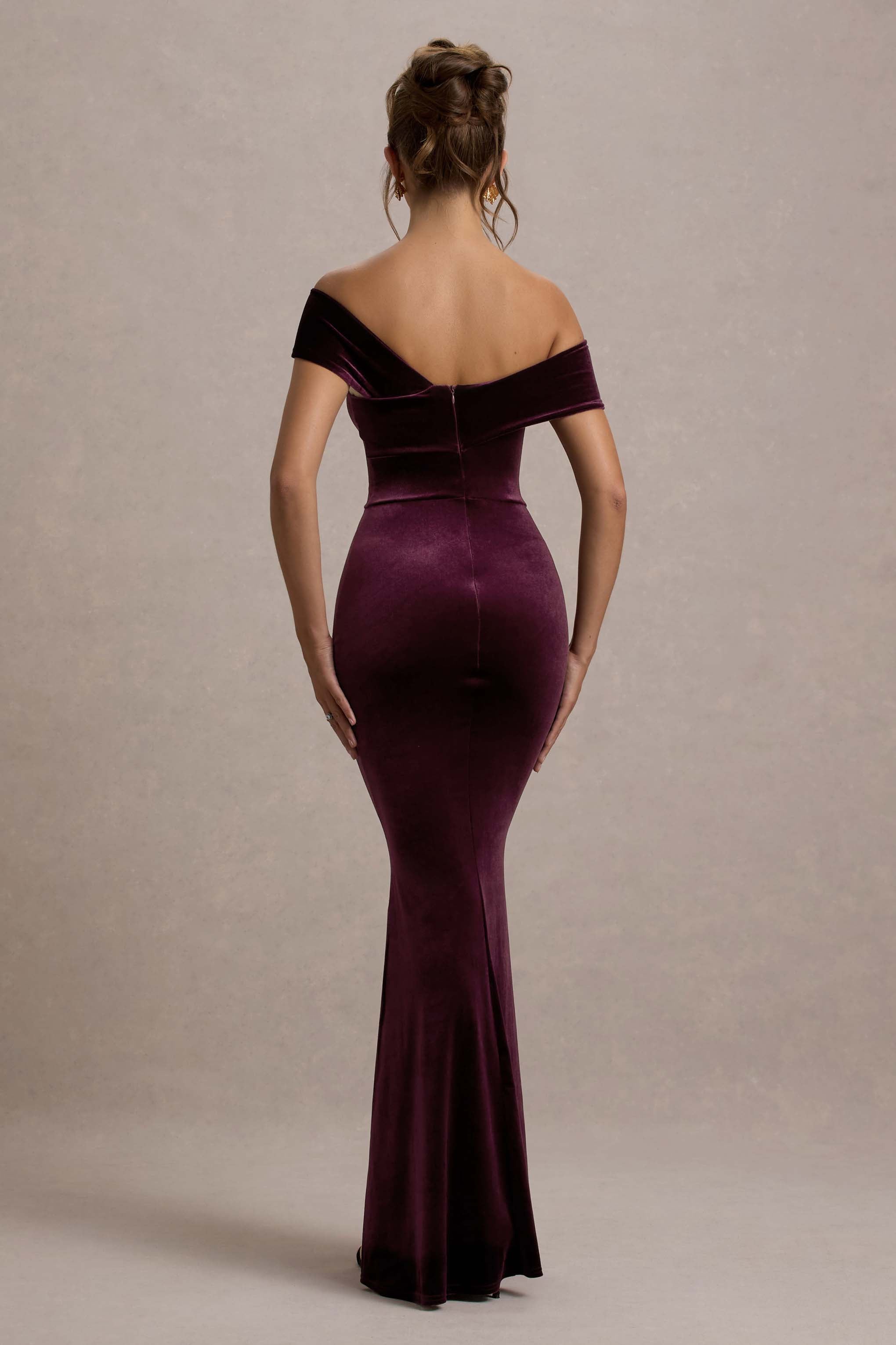 Candela | Port Kadife Asimetrik Bardot Maxi Elbise