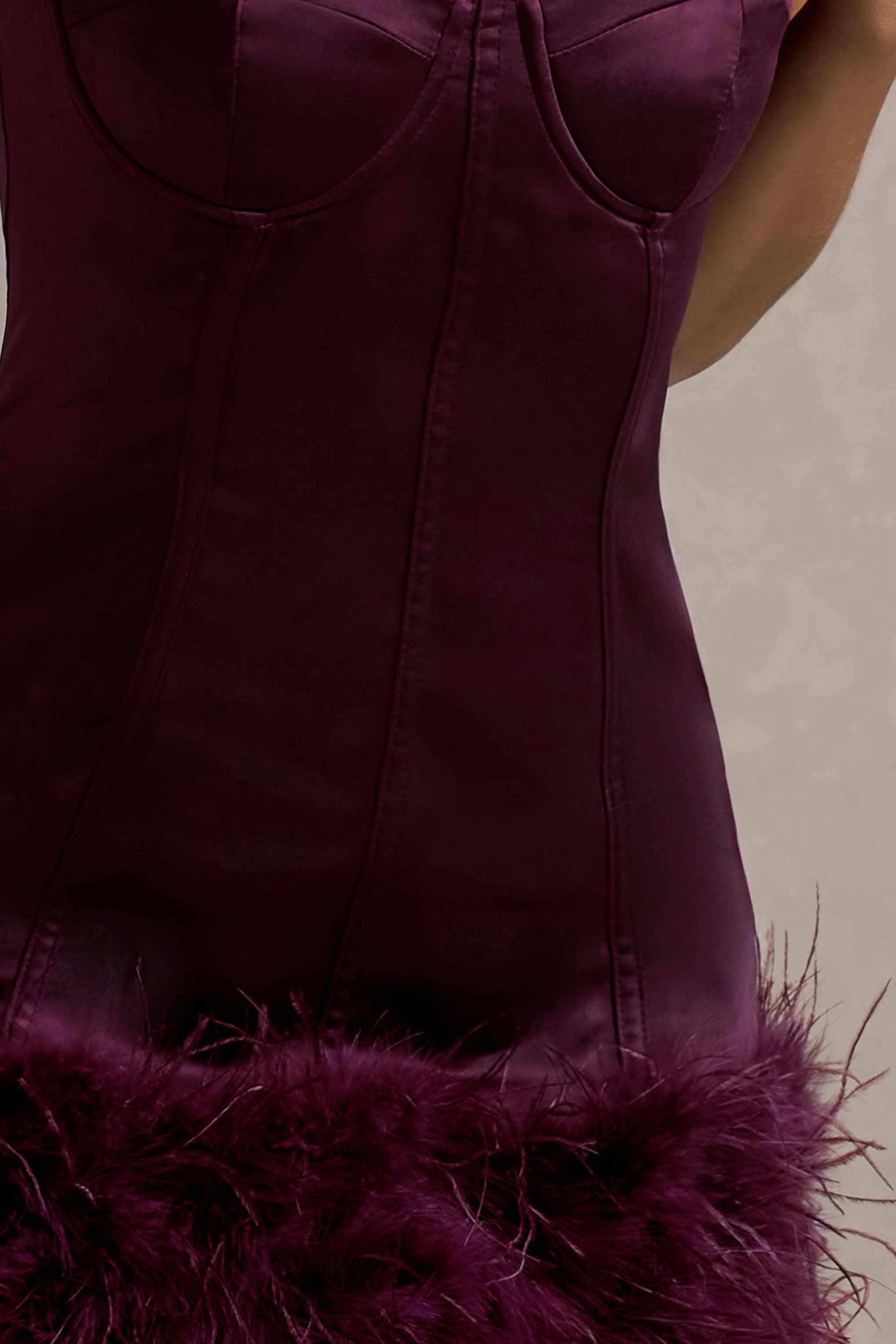 Vampira | Bordo Saten Korse Tüy Mini Elbise