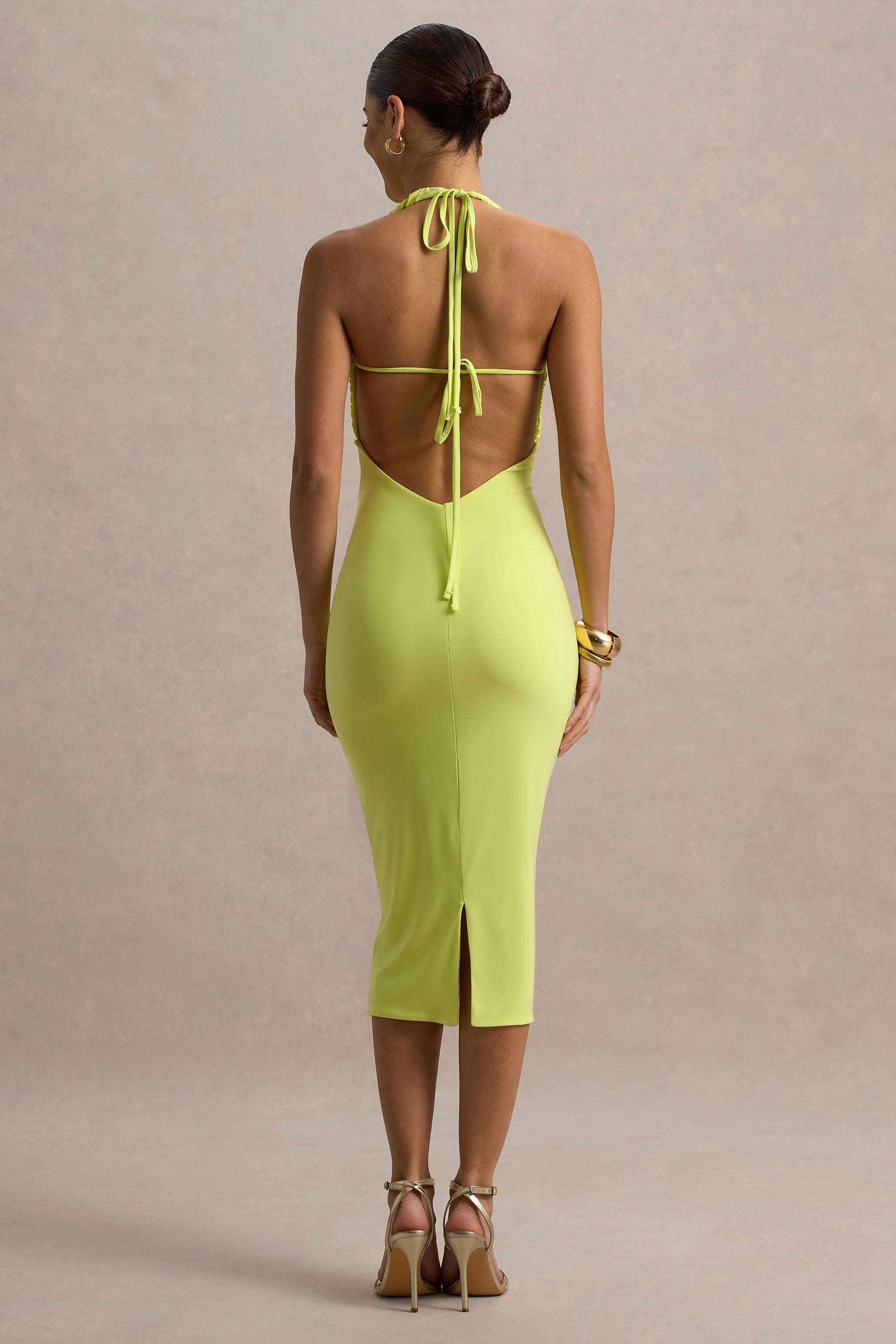 Anaisa | Lime Yeşili Derin Yaka Halter Midi Elbise