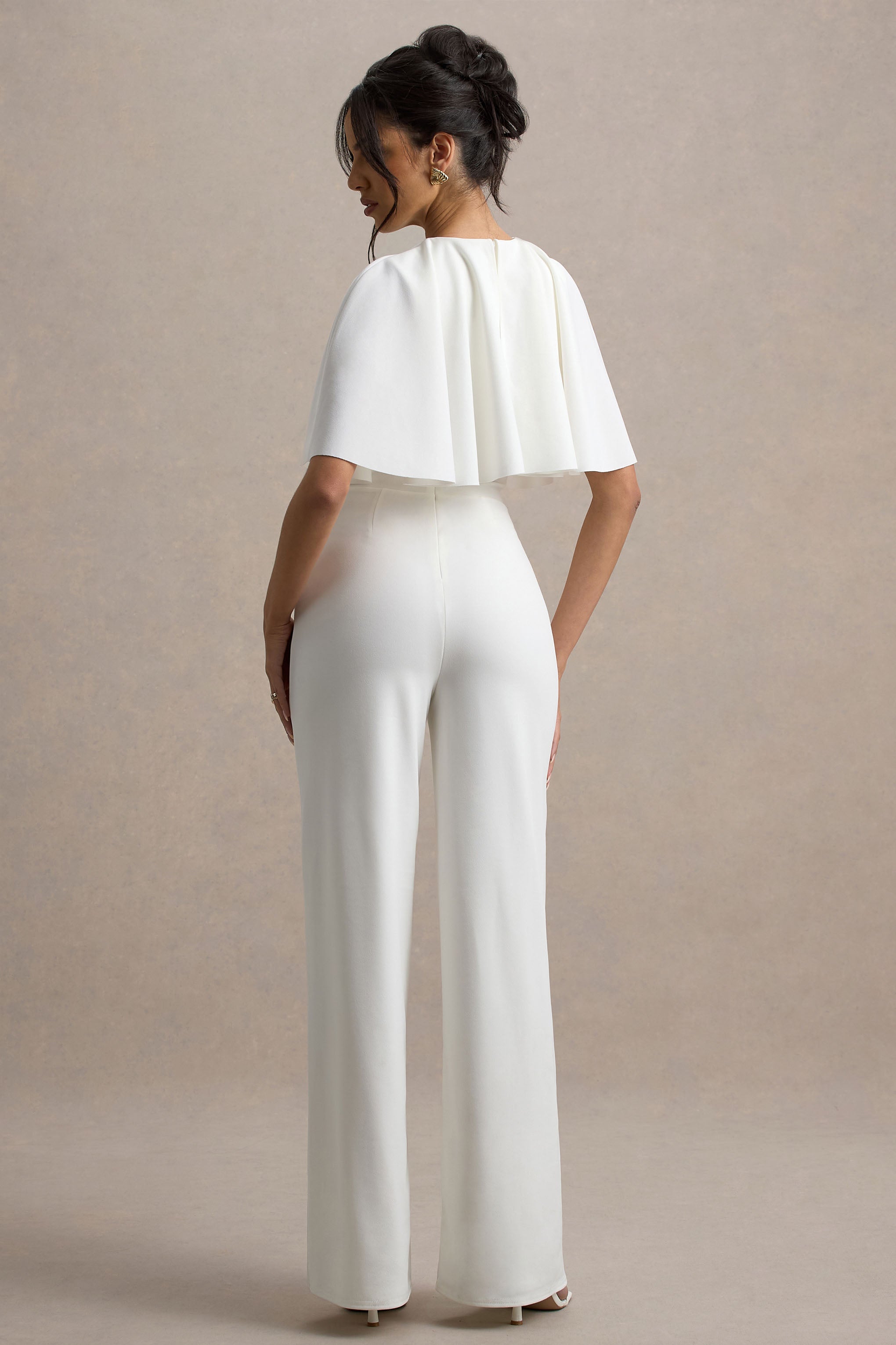 Leanna | Beyaz Düz Paça Jumpsuit Pelerin ile