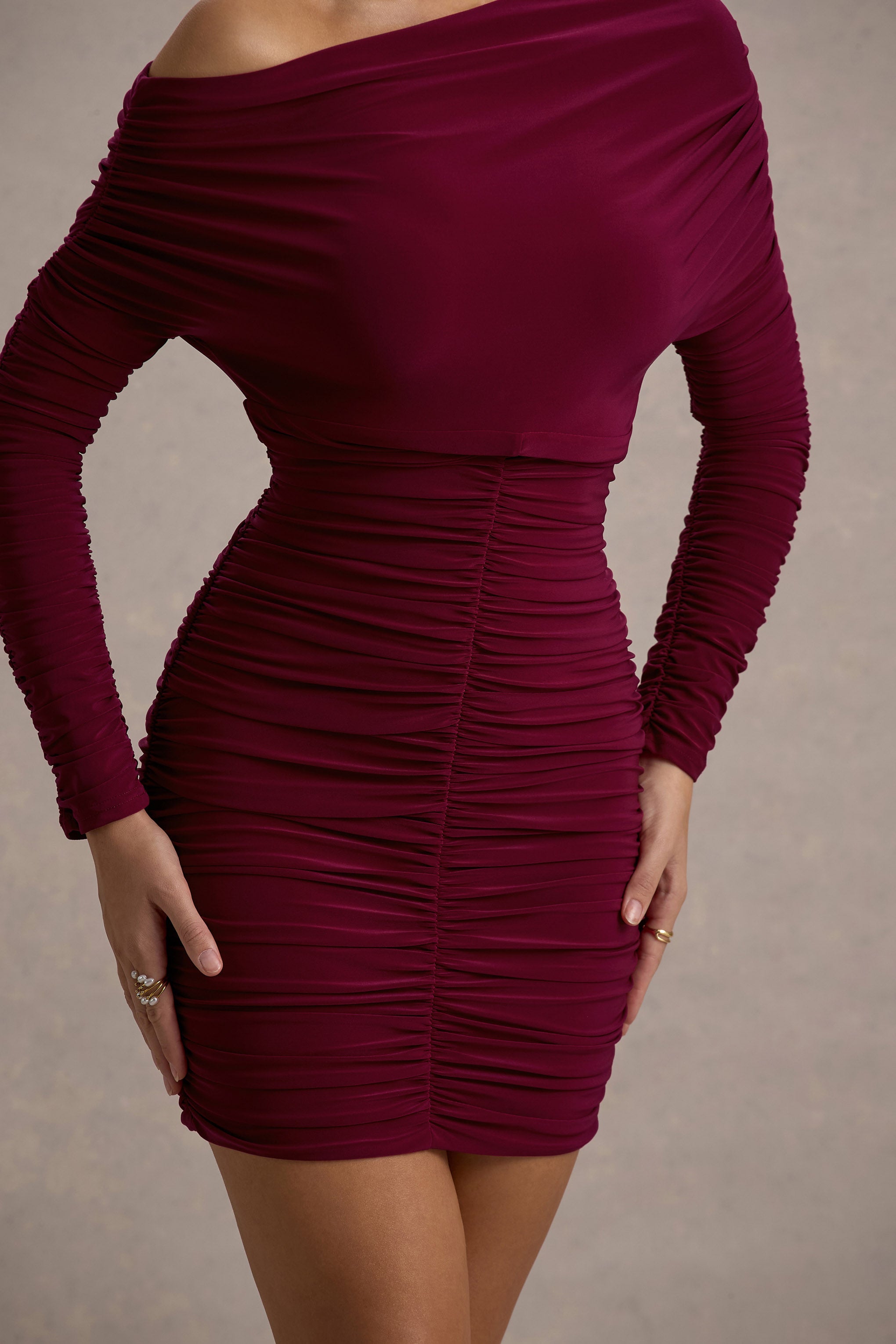 Zhara | Bordo Drapeli Tek Omuzlu Bodycon Mini Elbise