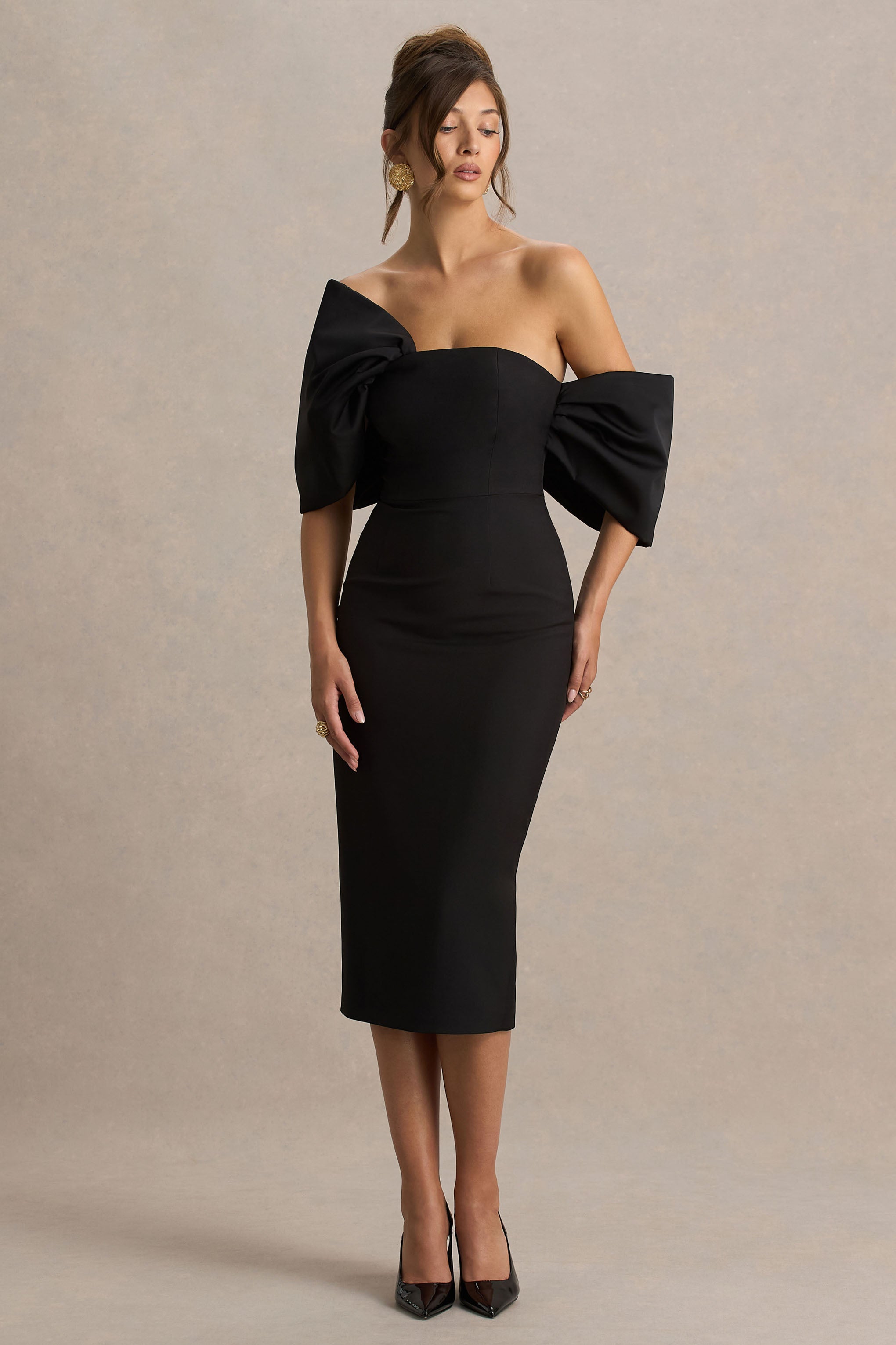 Lucille | Siyah Asimetrik Bardot Midi Elbise