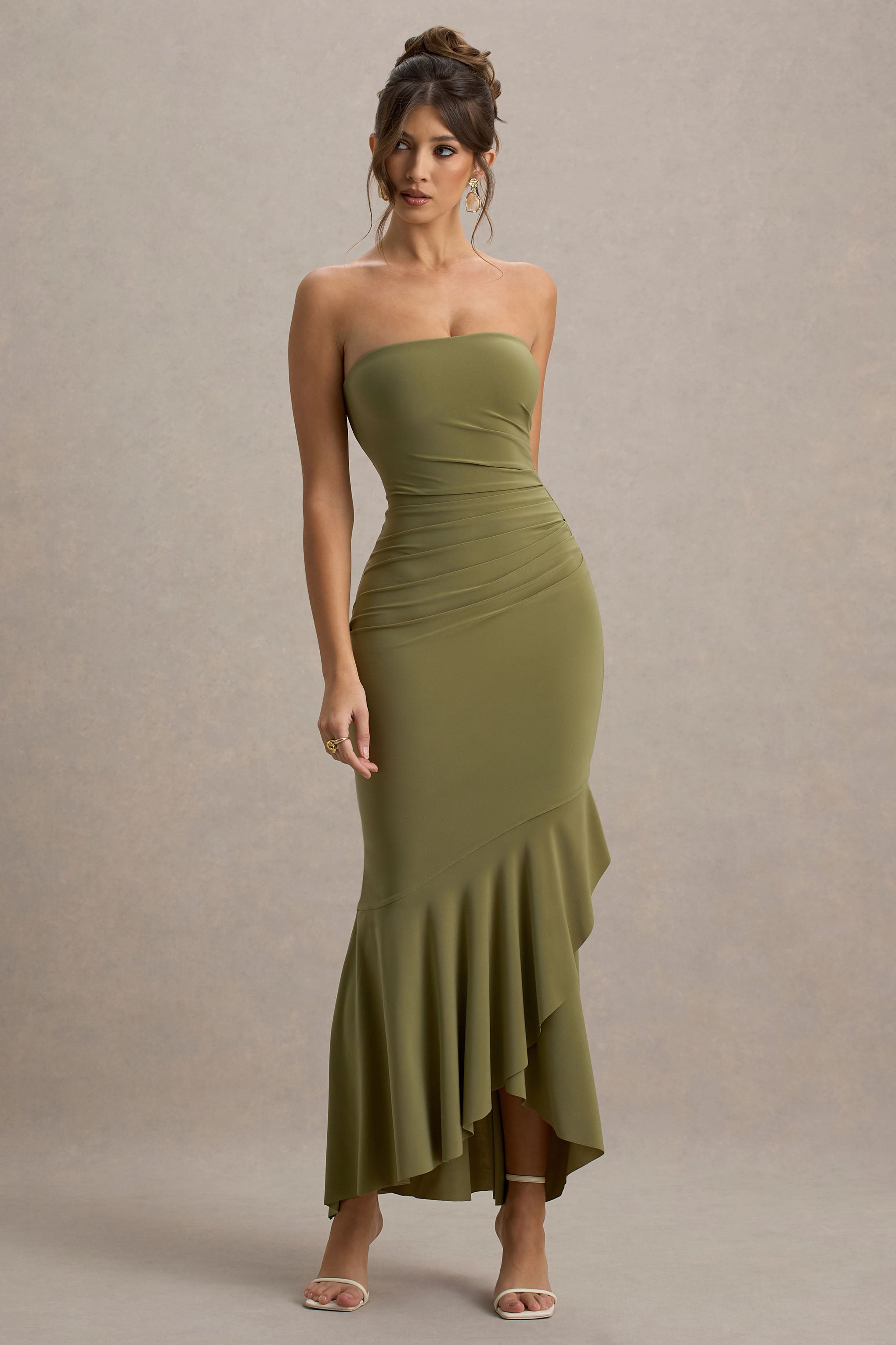 Capria | Zeytin Yeşili Bandeau Sarma Maxi Elbise