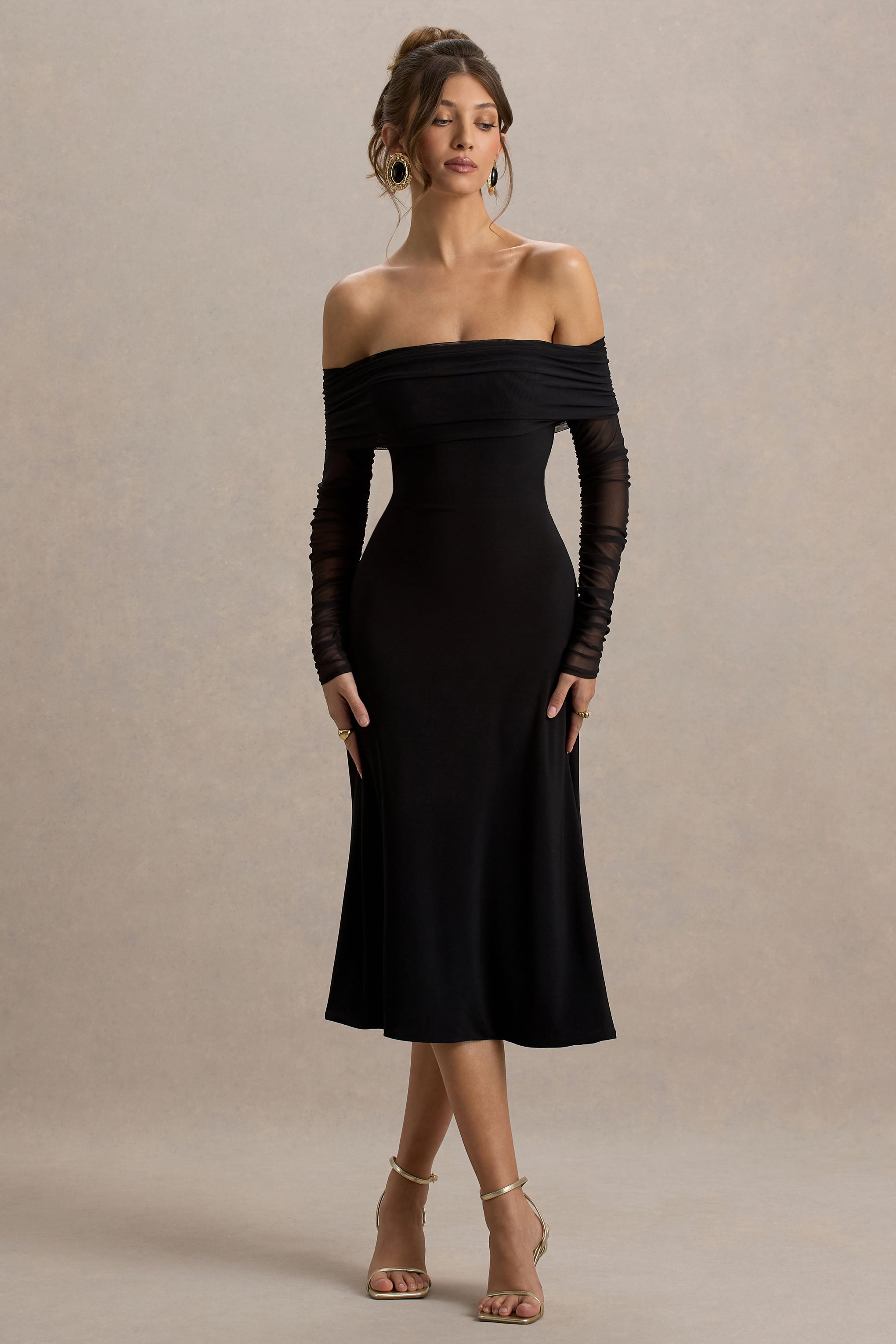 Flatter Me | Siyah Bardot Midi Elbise, File Kollar