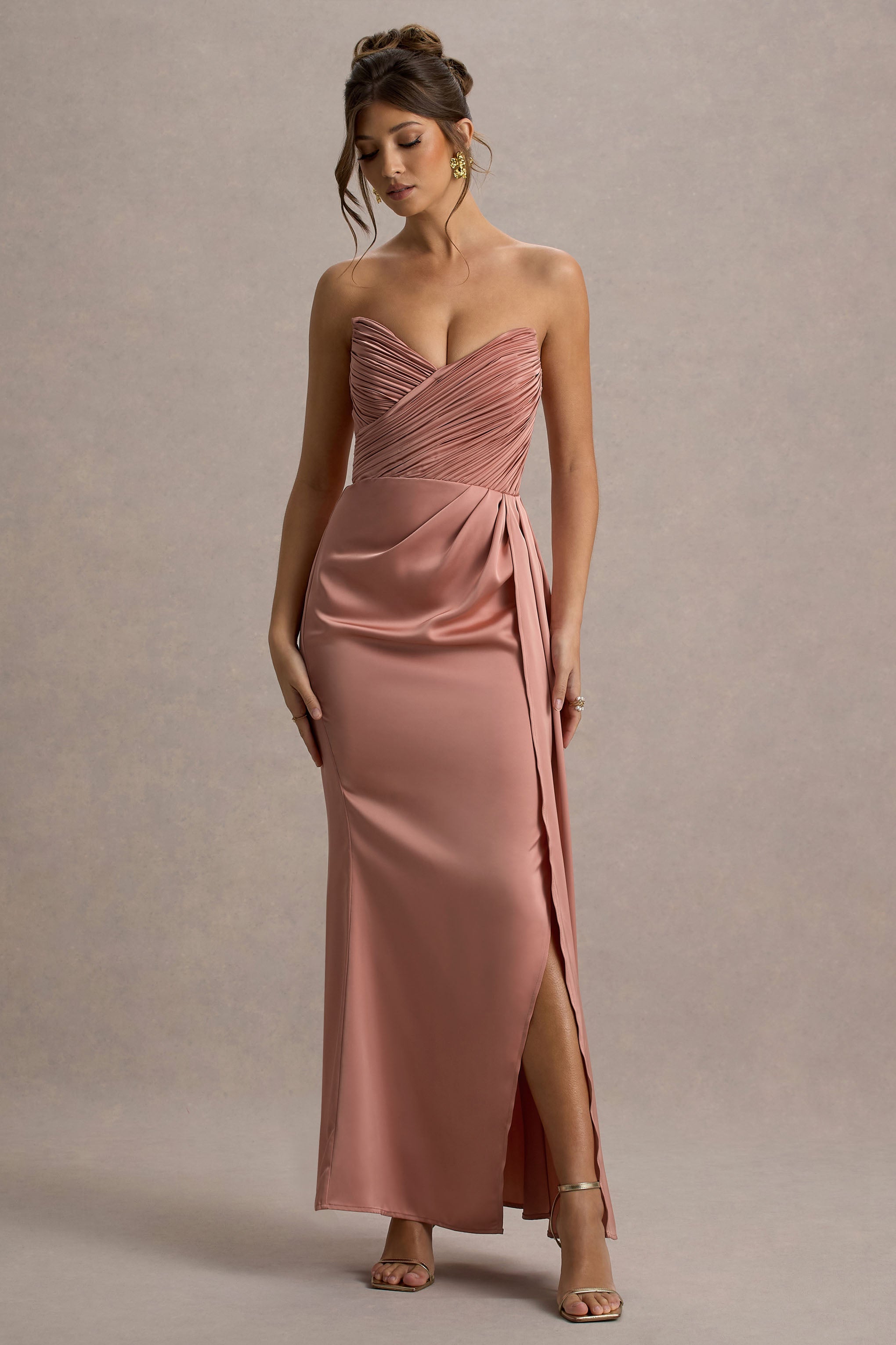 Edel | Pembe Saten Straplez Maxi Elbise