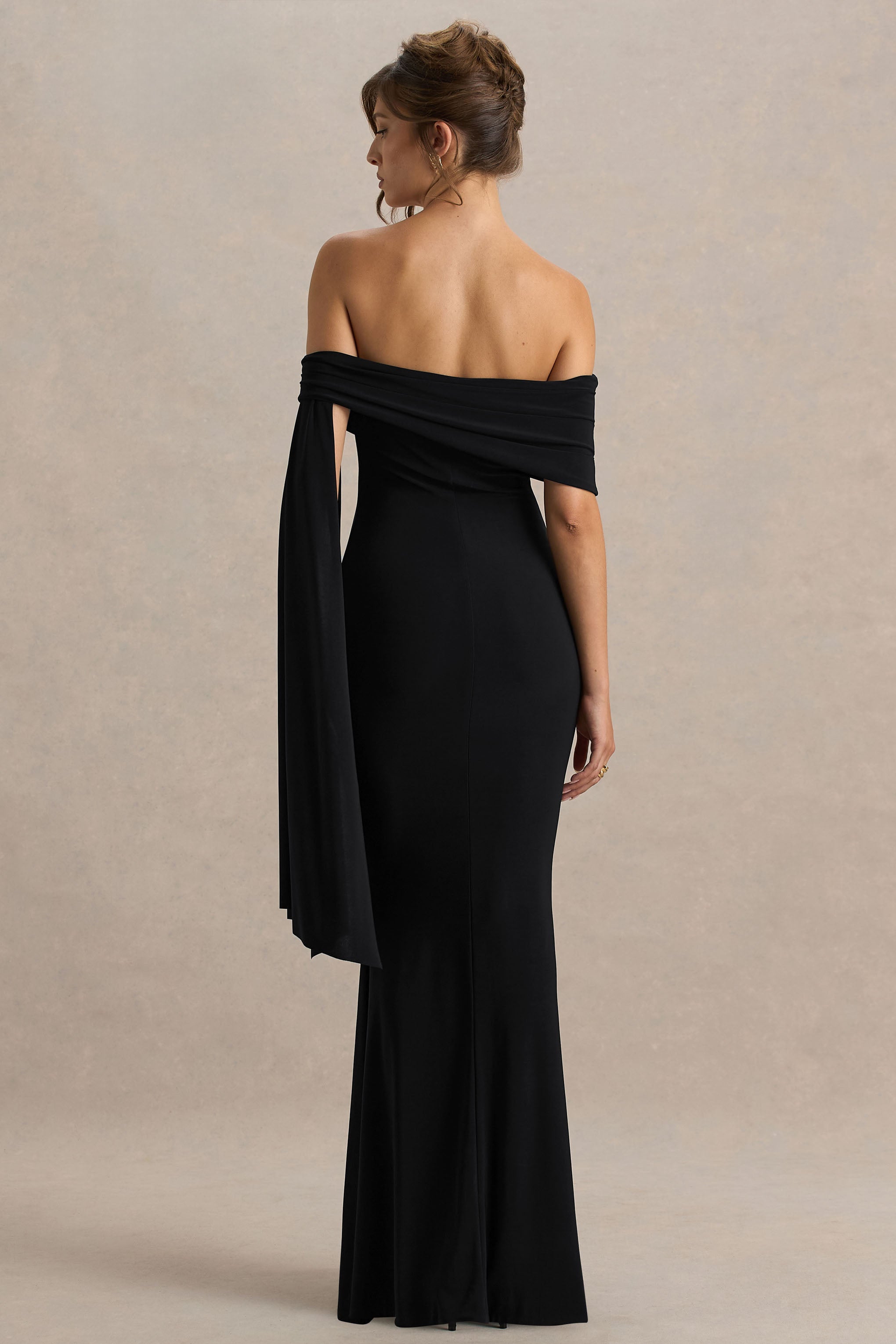 Saffina | Sash Detaylı Siyah Bardot Yaka Maxi Elbise