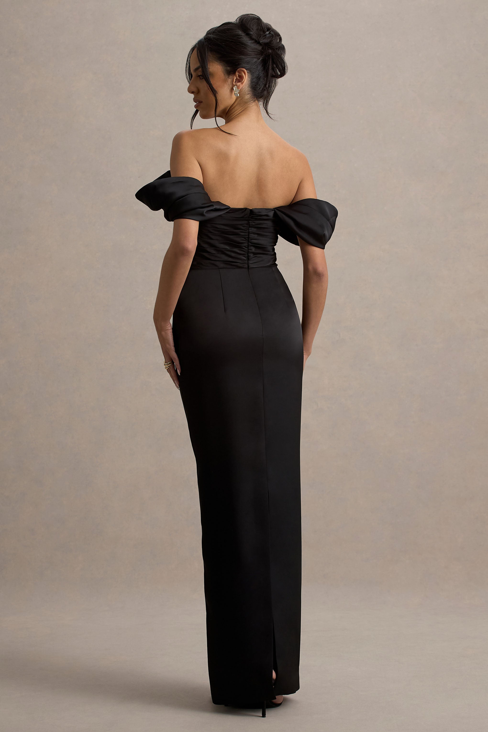 Annita | Siyah Saten Bardot Maxi Elbise