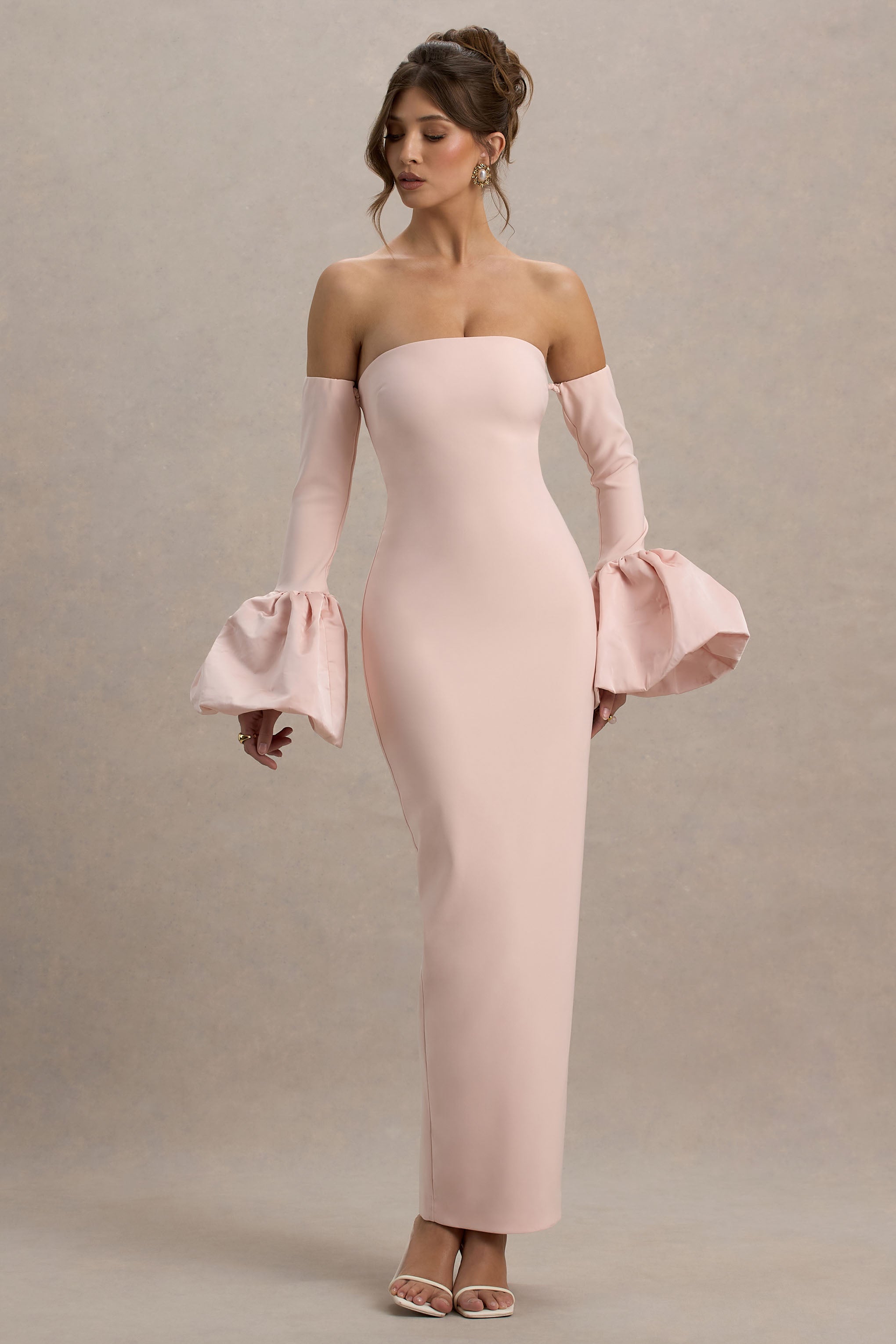 Myah | Pembe Bandeau Uzun Kollu Maxi Elbise Puff Manşetlerle