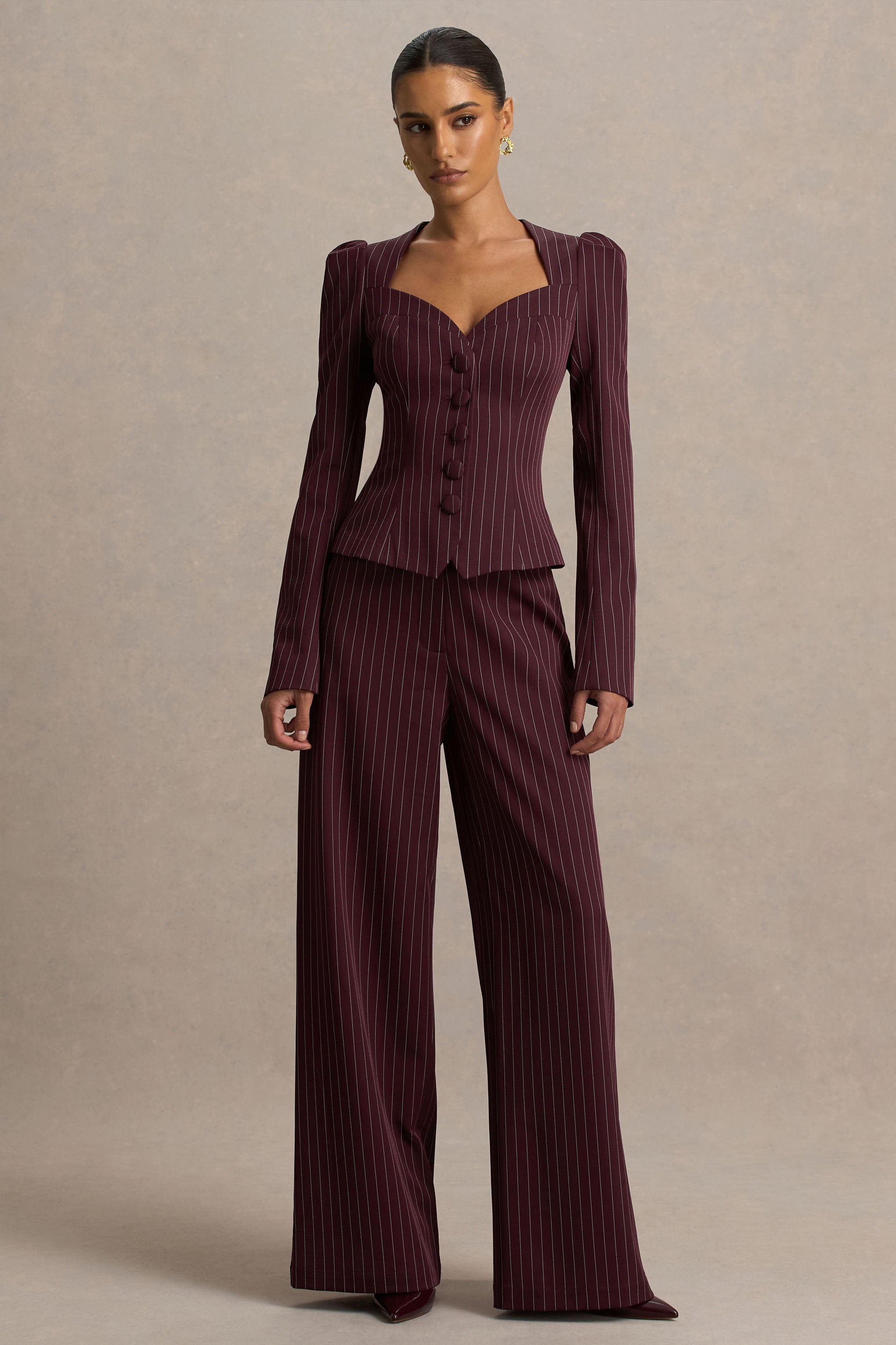 Asteria | Bordo Çizgili Geniş Paça Pantolon