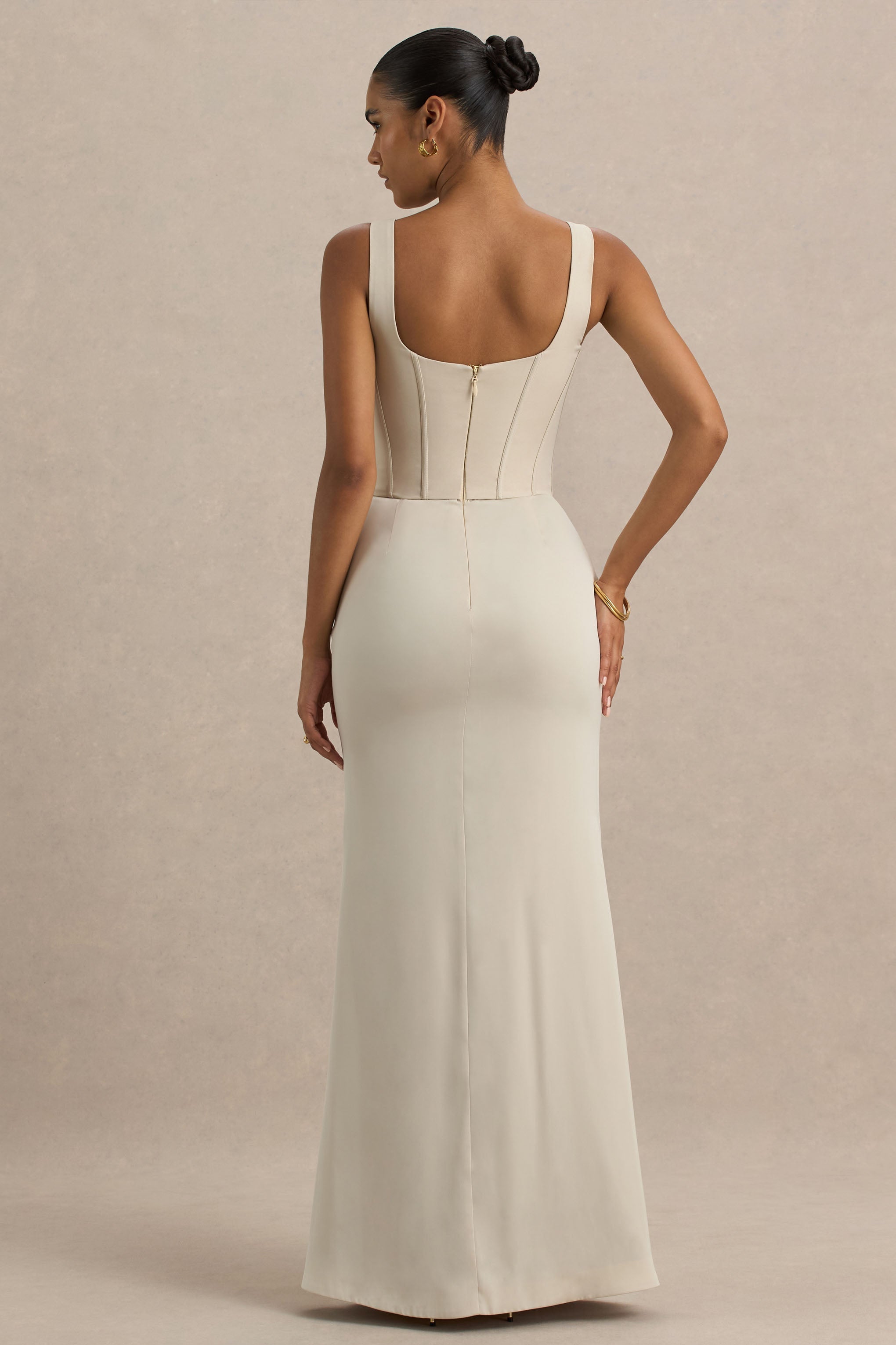 Morgan | Şampanya Saten Korse Maxi Elbise