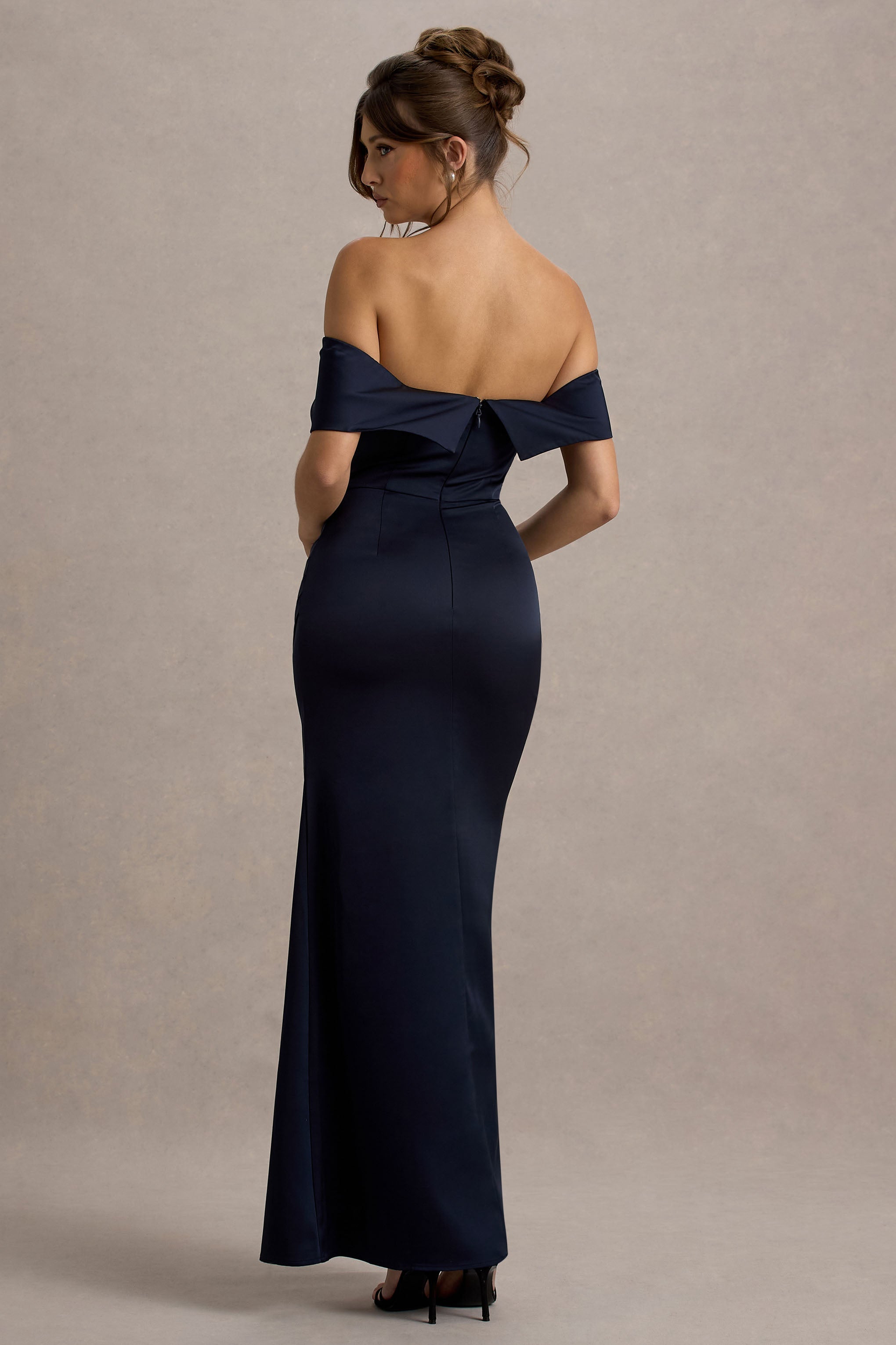 Martine | Lacivert Saten Bardot Sarma Maxi Elbise