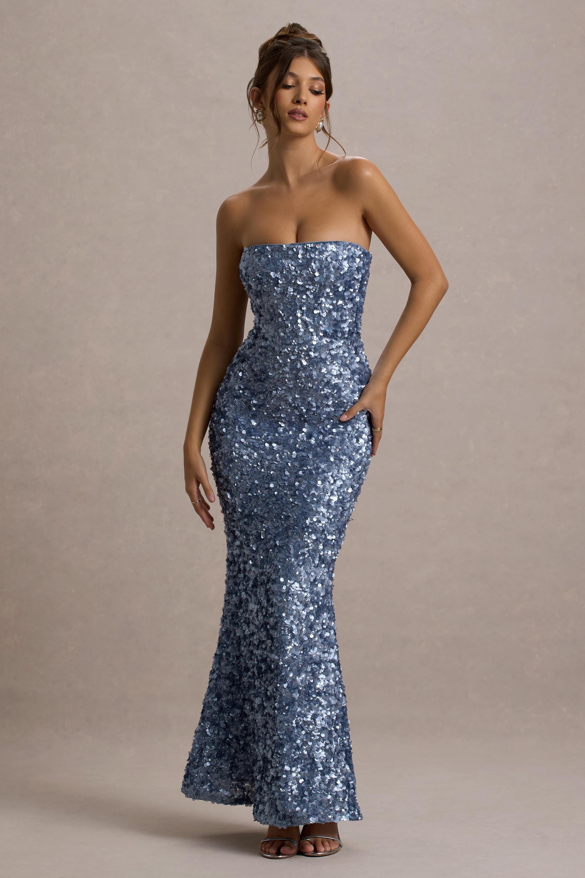Evabeth | Pudra Mavi Payet Straplez Maxi Elbise