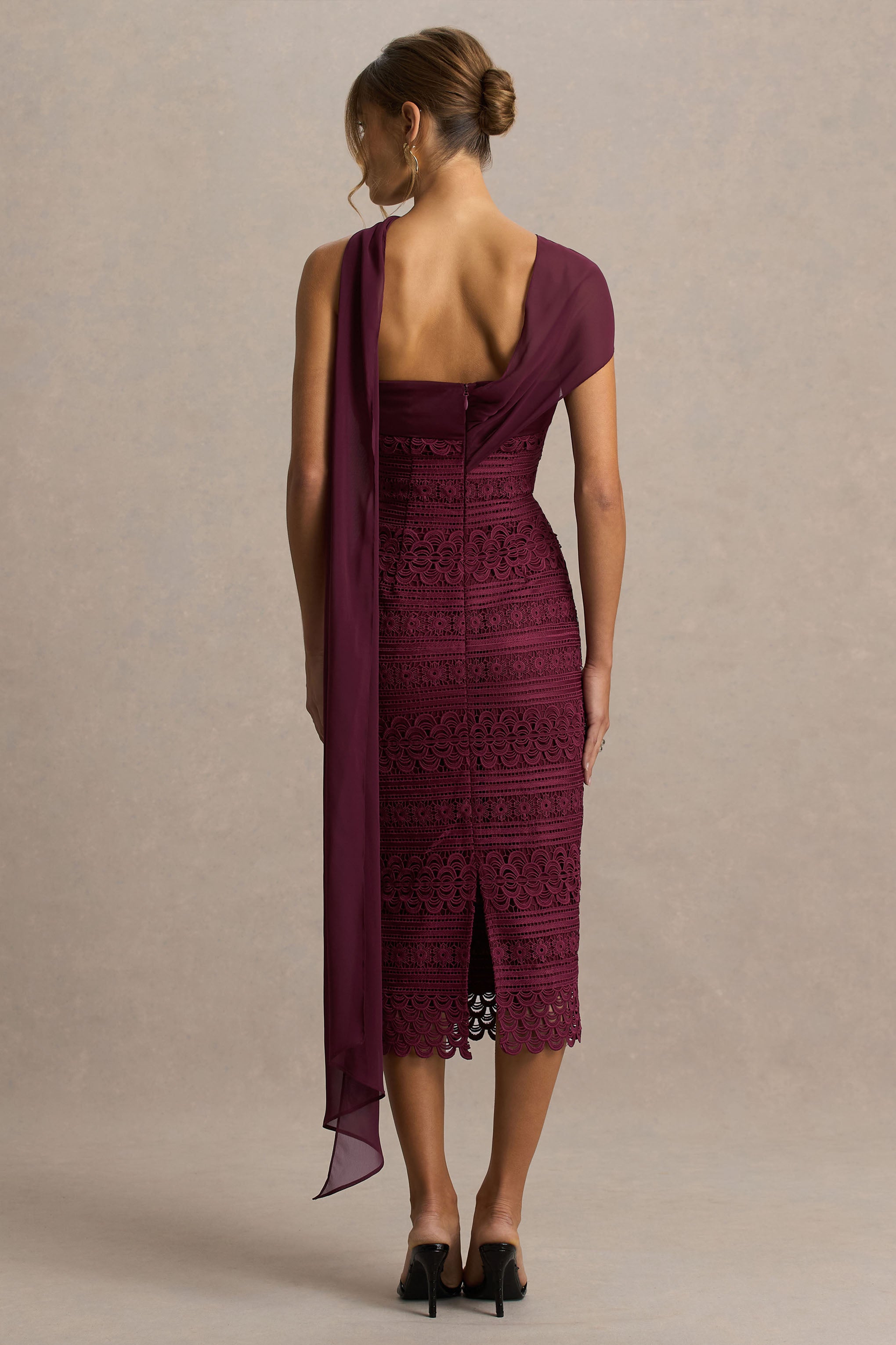 Secret | Bordo Bandeau Dantel Midi Elbise Şal Detaylı