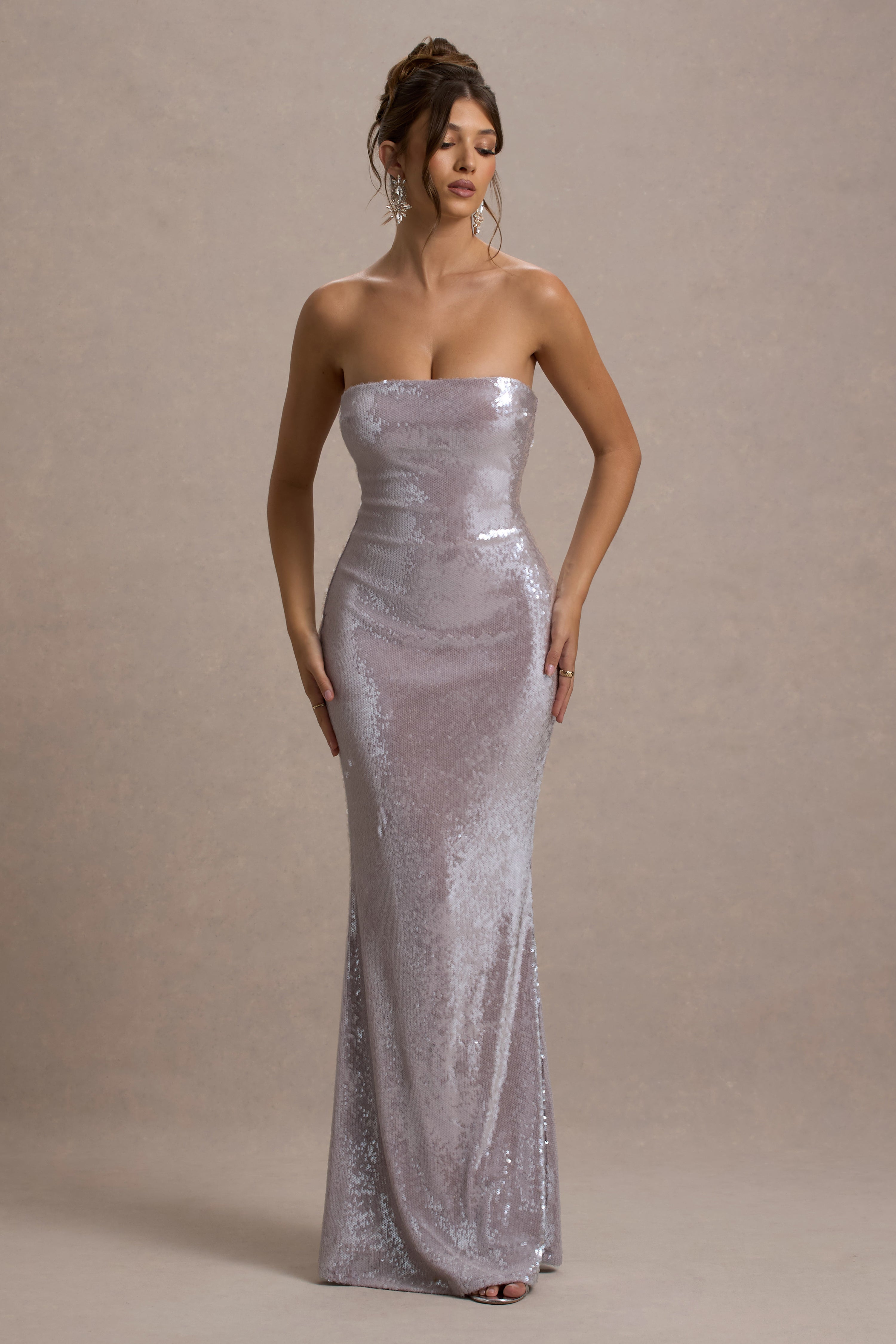 Aytaşı | Lila Pullu Bandeau Maxi Elbise