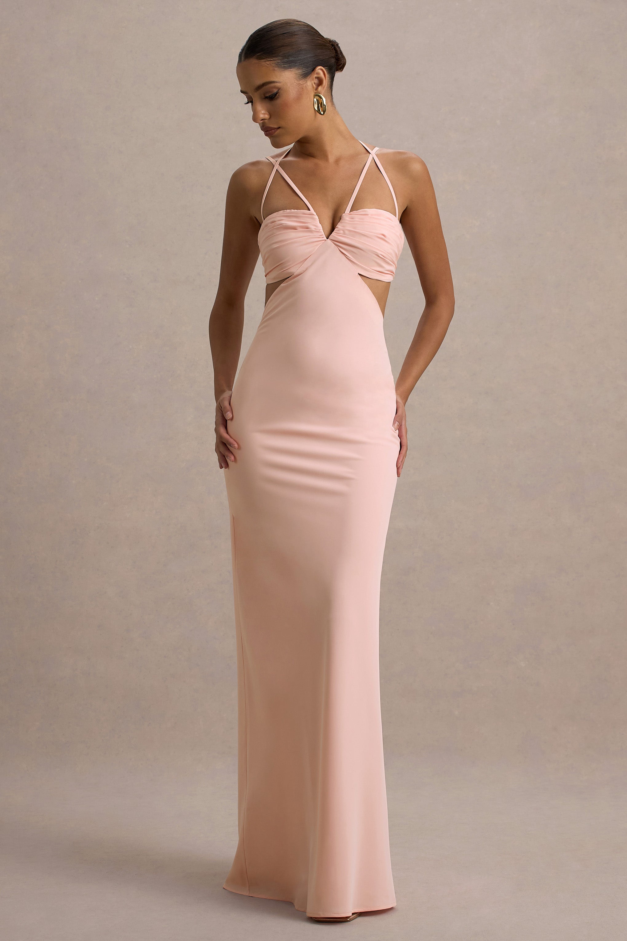 Leandra | Pembe Askılı Kesik Maxi Elbise