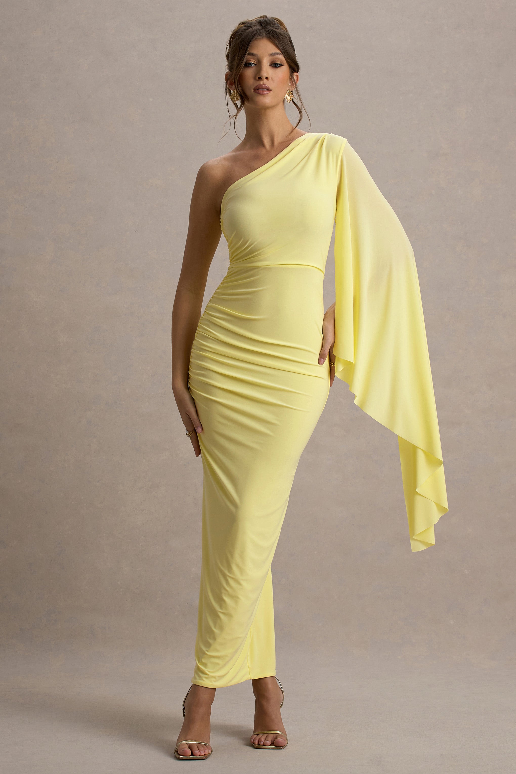 Clementina | Limon Asimetrik Pelerin Kol Maxi Elbise