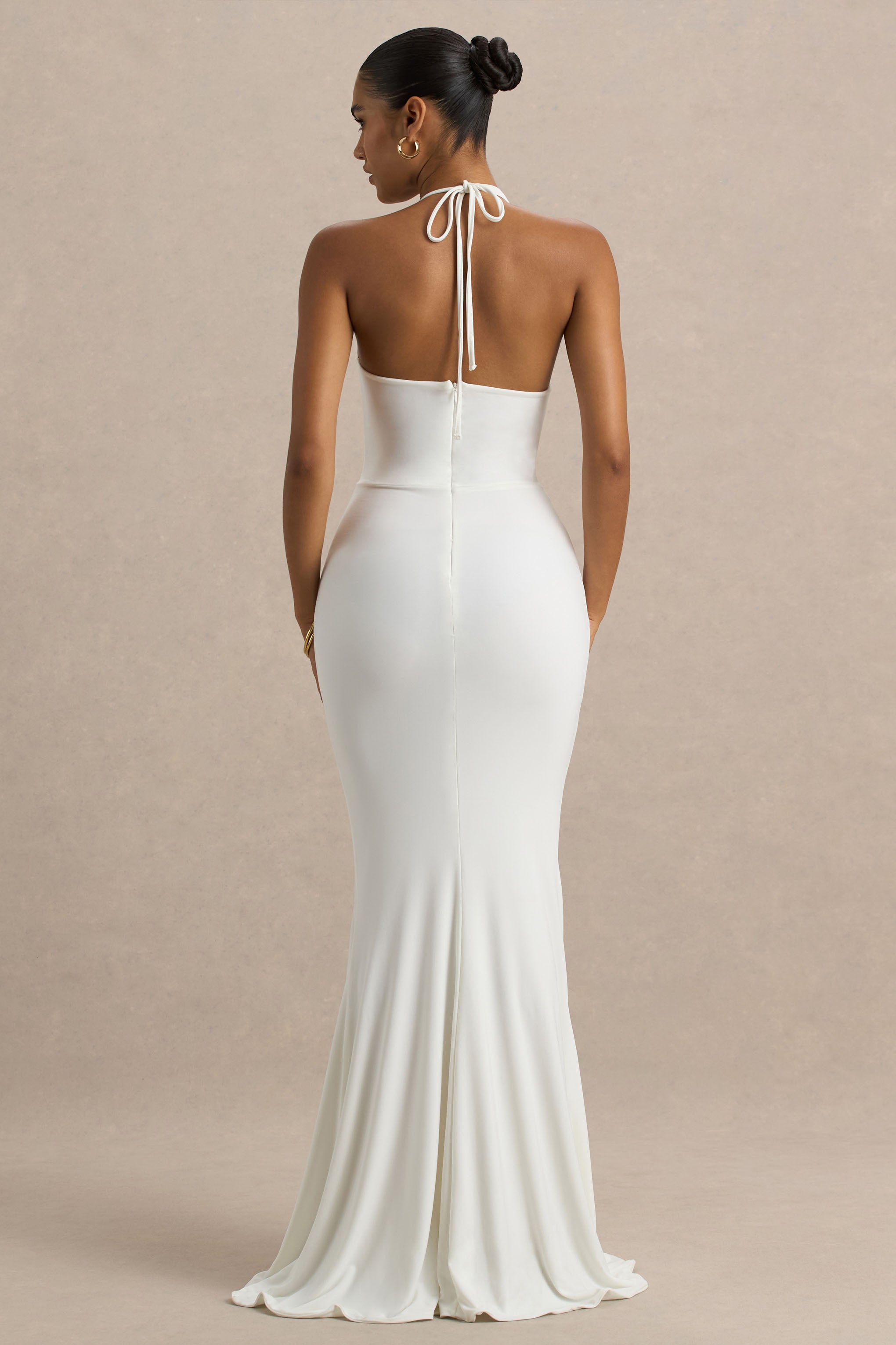 Lucena | Korsaj Detaylı ve Ön Yüksek Yırtmaçlı Beyaz Cowl-Neck Maxi Elbise