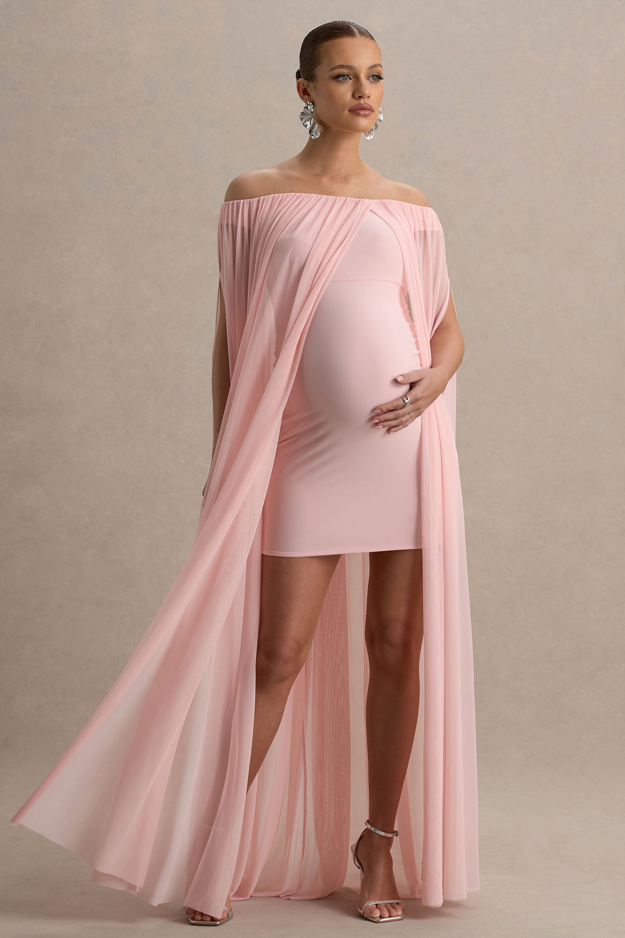 Atmosphere | Pembe Bandeau Hamile Mini Elbise File Kaplama ile