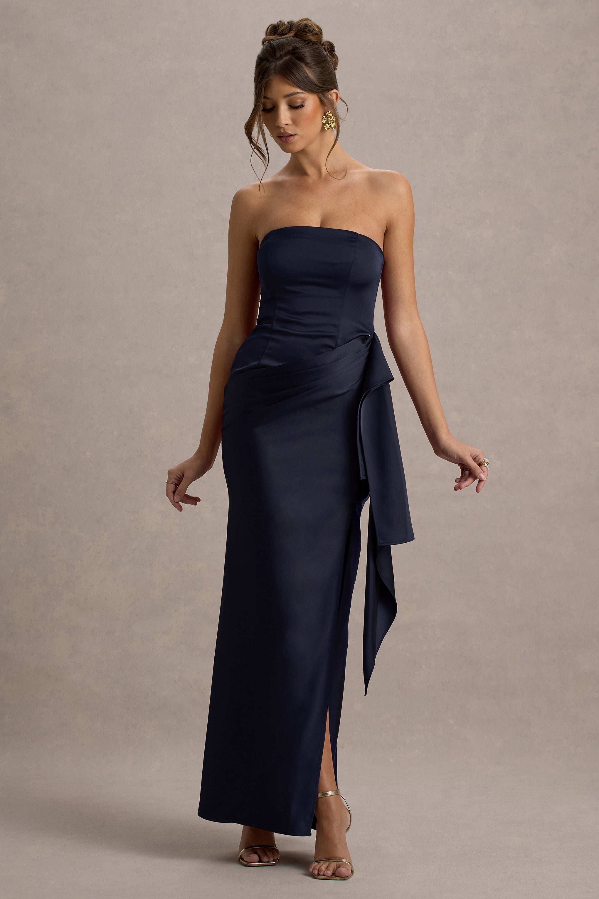 Loz | Lacivert Saten Bandeau Drapeli Maxi Elbise